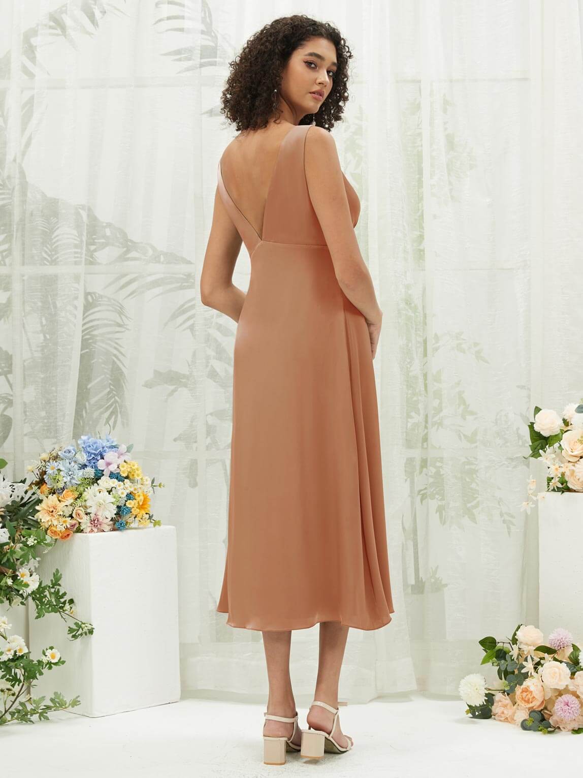 Elegant V-Neck Silk Satin Bridesmaid Dress with Detachable Bow Straps - Convertible Tea-Length Formal Gown for Weddings, Parties & Special Occasions