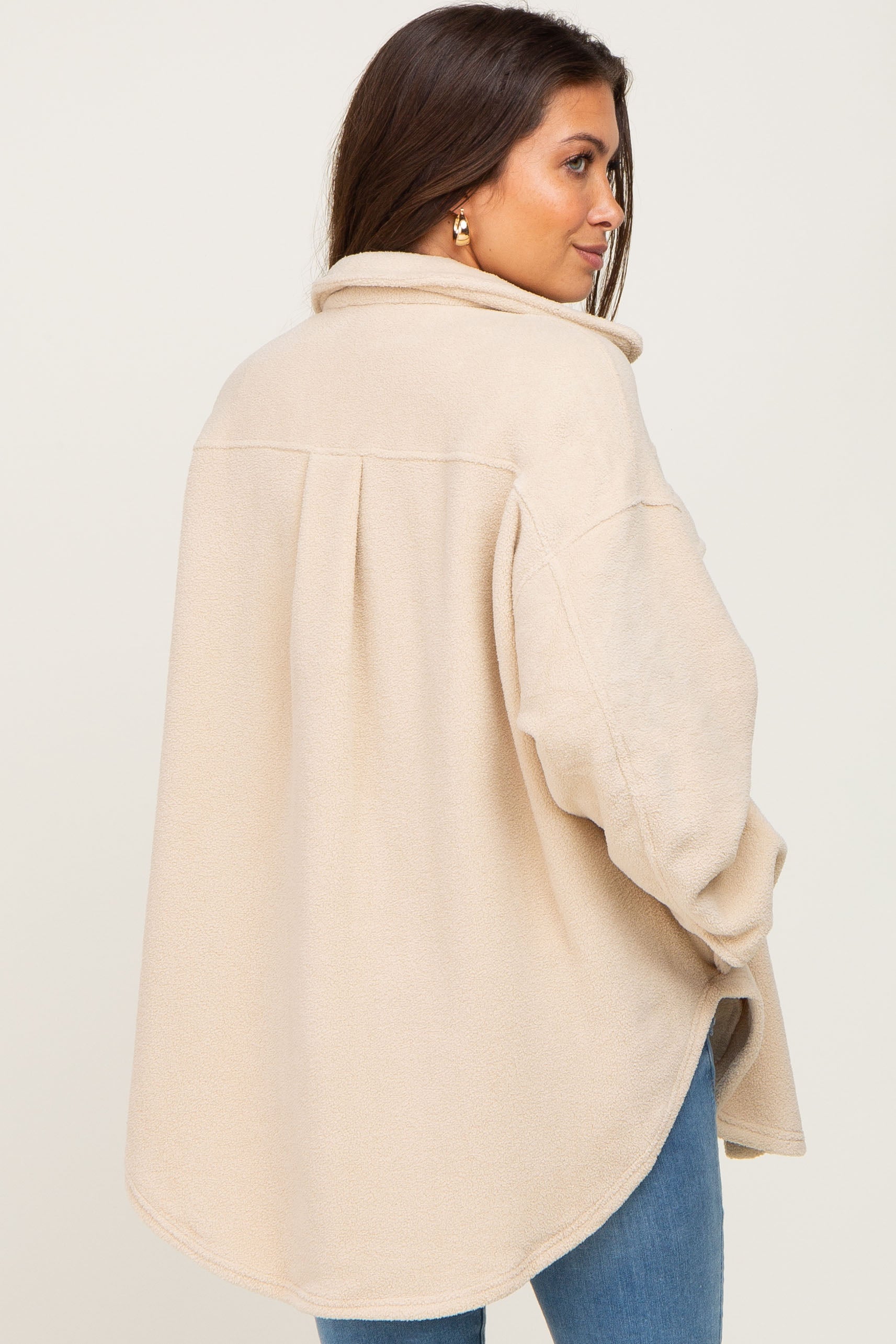 Cozy Beige Fleece Maternity Shirt Jacket for Pregnant Women - Soft & Warm Open Front Cardigan for Pregnancy Comfort, Nursing & Casual Wear