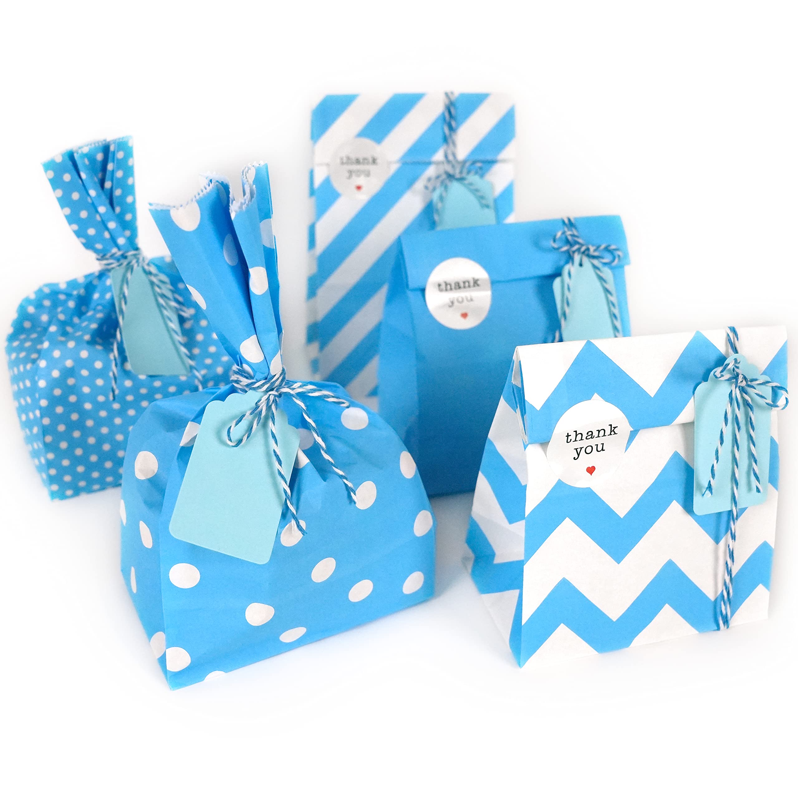 SMINTINE 30-Pack Blue Goodie Bags with Thank You Stickers - 5x3x9 Inch Blue Paper Gift Bags with Cotton Bakers Twine - Perfect for Kids Birthday Party Favors, Baby Shower Gifts, Wedding Favors & Holiday Treat Bags