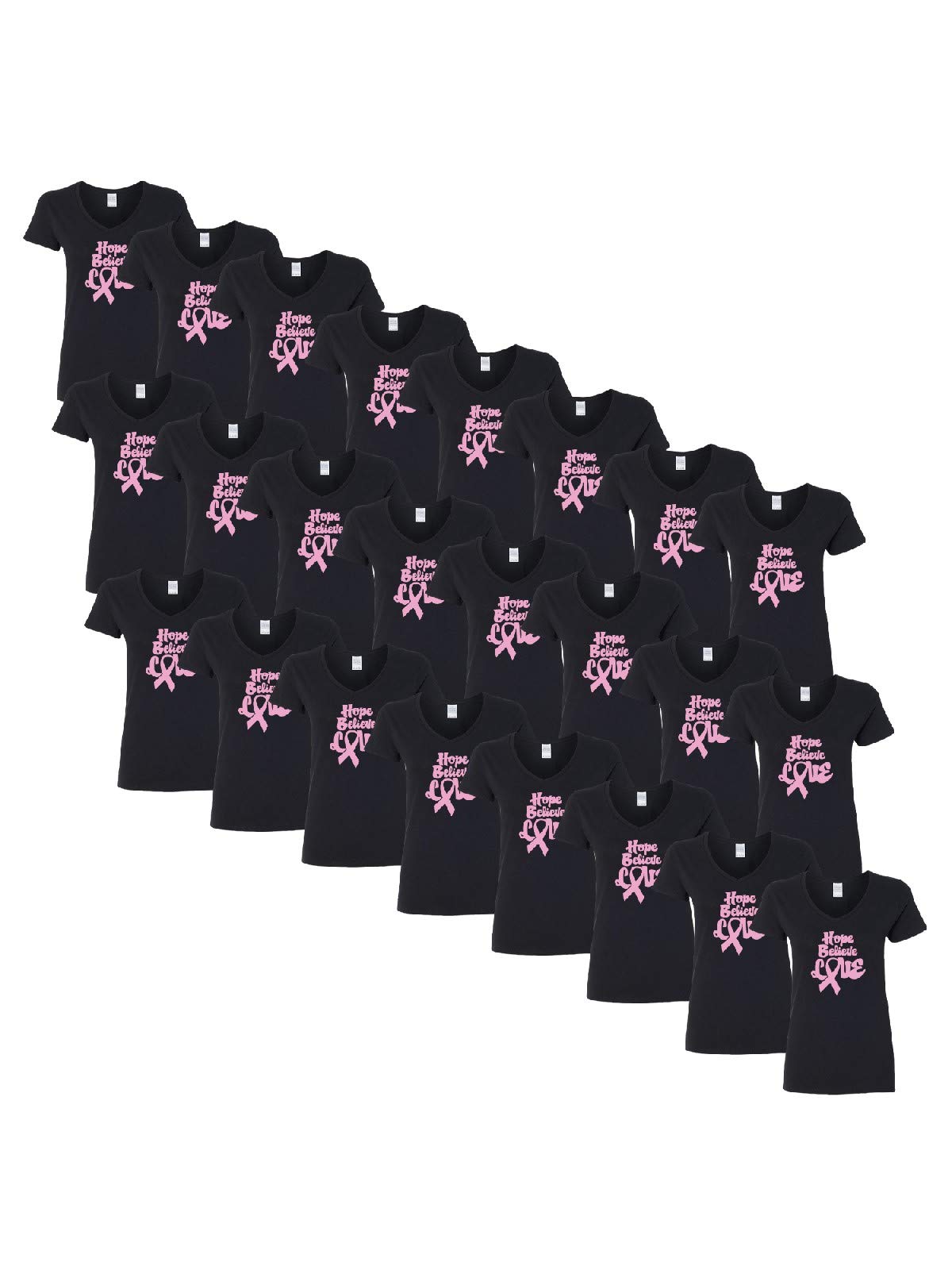 Breast Cancer Awareness V-Neck T-Shirts for Women - Hope Believe Love Inspirational Tee Set (6, 12, or 24 Pack) - Comfortable Support Shirts for Survivors, Fundraisers & Awareness Events