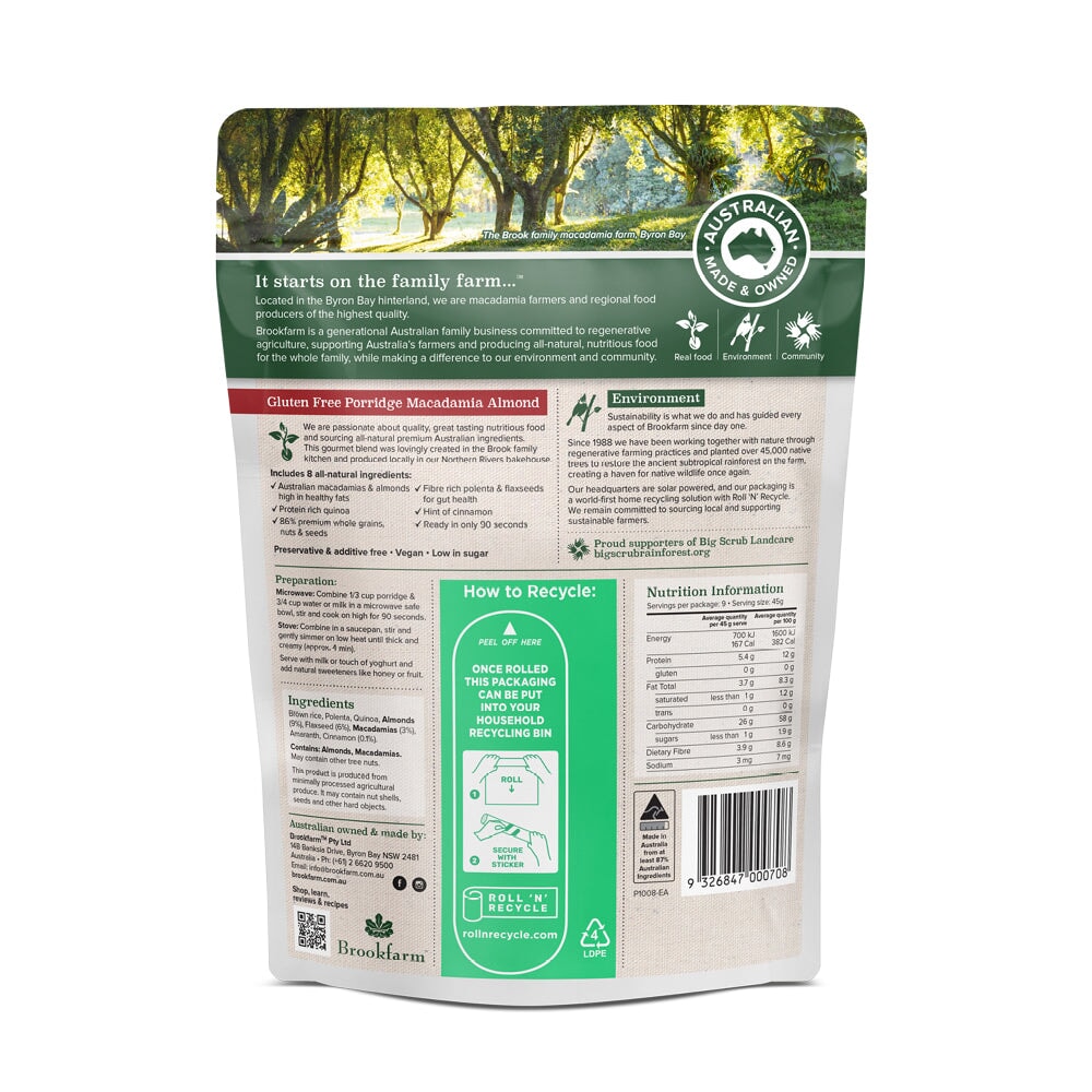 Brookfarm Gluten Free Porridge - Organic, Non-GMO Breakfast Oatmeal for Healthy Lifestyle - Perfect for Busy Mornings, Camping & On-the-Go Nutrition