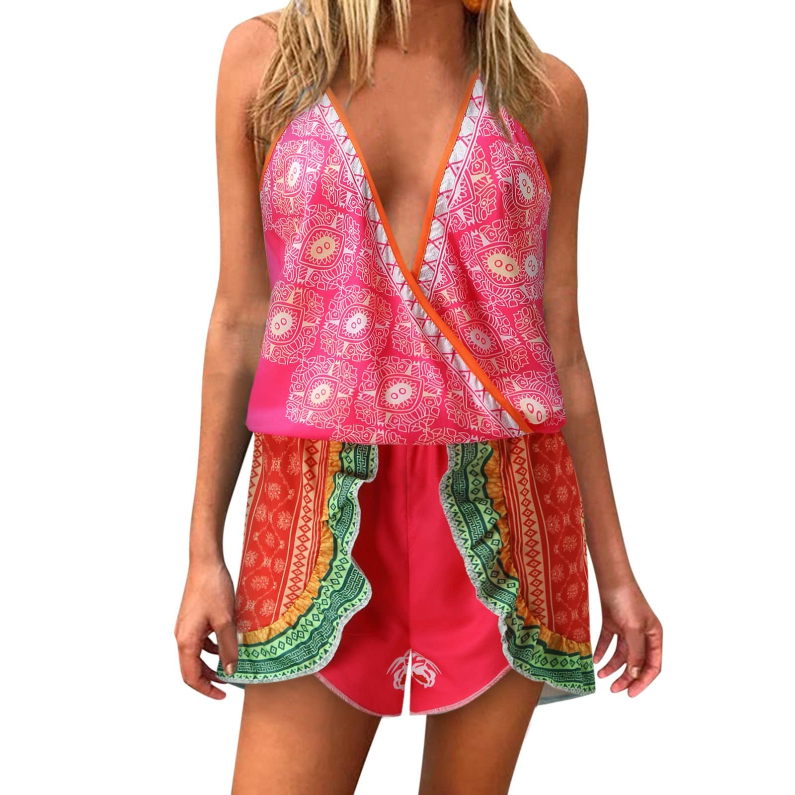 **Navy Blue Women's Casual Boho Print Jumpsuit with V-Neck, Adjustable Straps & Ruffled Elastic Waist – Perfect for Summer Outfits, Beach Vacations & Boho Fashion (Red, Medium)**