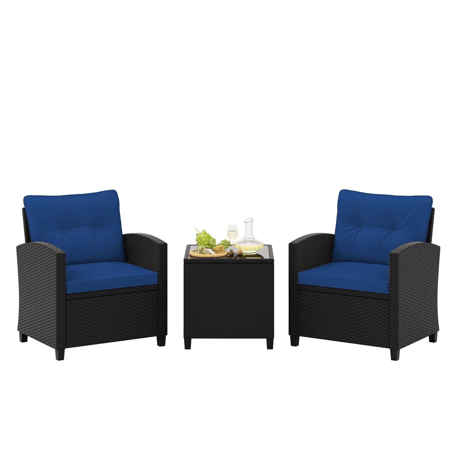 Tangkula 3-Piece Patio Furniture Set - Rattan Outdoor Conversation Set with Soft Cushions & Tempered Glass Coffee Table - Wicker Seating for Backyard, Porch, Poolside - Perfect for Relaxing, Entertaining & Outdoor Gatherings