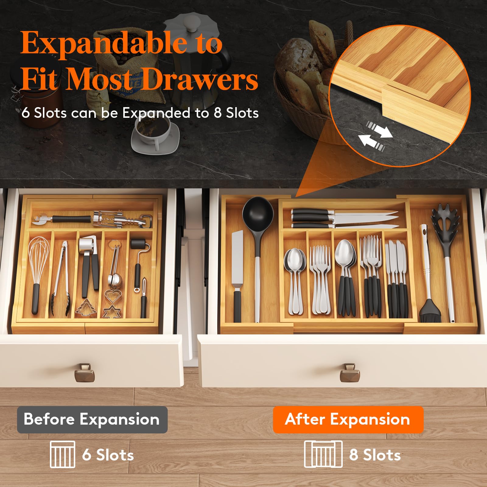 Expandable Bamboo Silverware Drawer Organizer - Adjustable Utensil Tray for Spoons, Forks & Knives - Natural Wood Kitchen Storage for Flatware & Cutlery | Perfect for Kitchen Organization, Dining Room Storage & Utensil Management