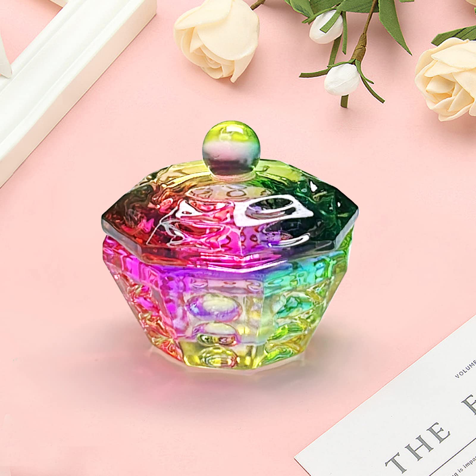 Crystal Rainbow Glass Dappen Dish with Lid for Acrylic Nails - Octagon Shaped Nail Liquid & Powder Glassware Bowl (YSHJB007) | Perfect for Nail Art, Salon Use & DIY Manicures