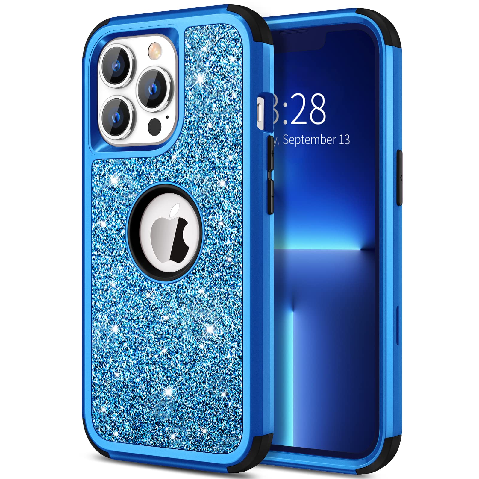 Hython Glitter Case for iPhone 13 Pro Max - Heavy Duty 3-in-1 Hybrid Protective Cover with Hard PC & Soft TPU Bumper | Shockproof Sparkle Phone Case for Women & Girls (Blue) | Perfect for Daily Use, Parties & Gifts