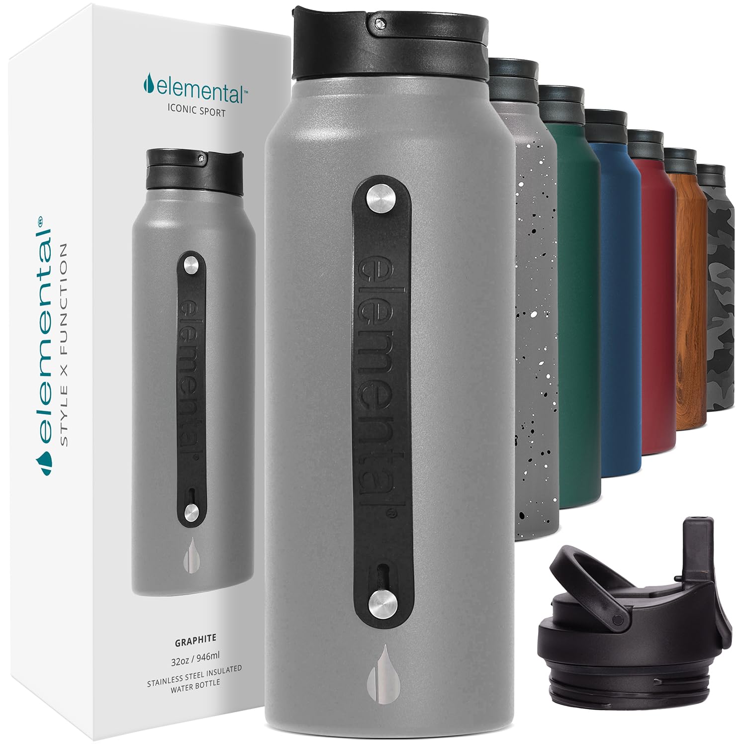 Elemental Iconic 32 oz Stainless Steel Water Bottle with Straw - Triple Wall Insulated, Leak Proof - Reusable Gym & Sports Water Bottle with 2 Straws - Graphite - Perfect for Hiking, Workouts & Outdoor Adventures