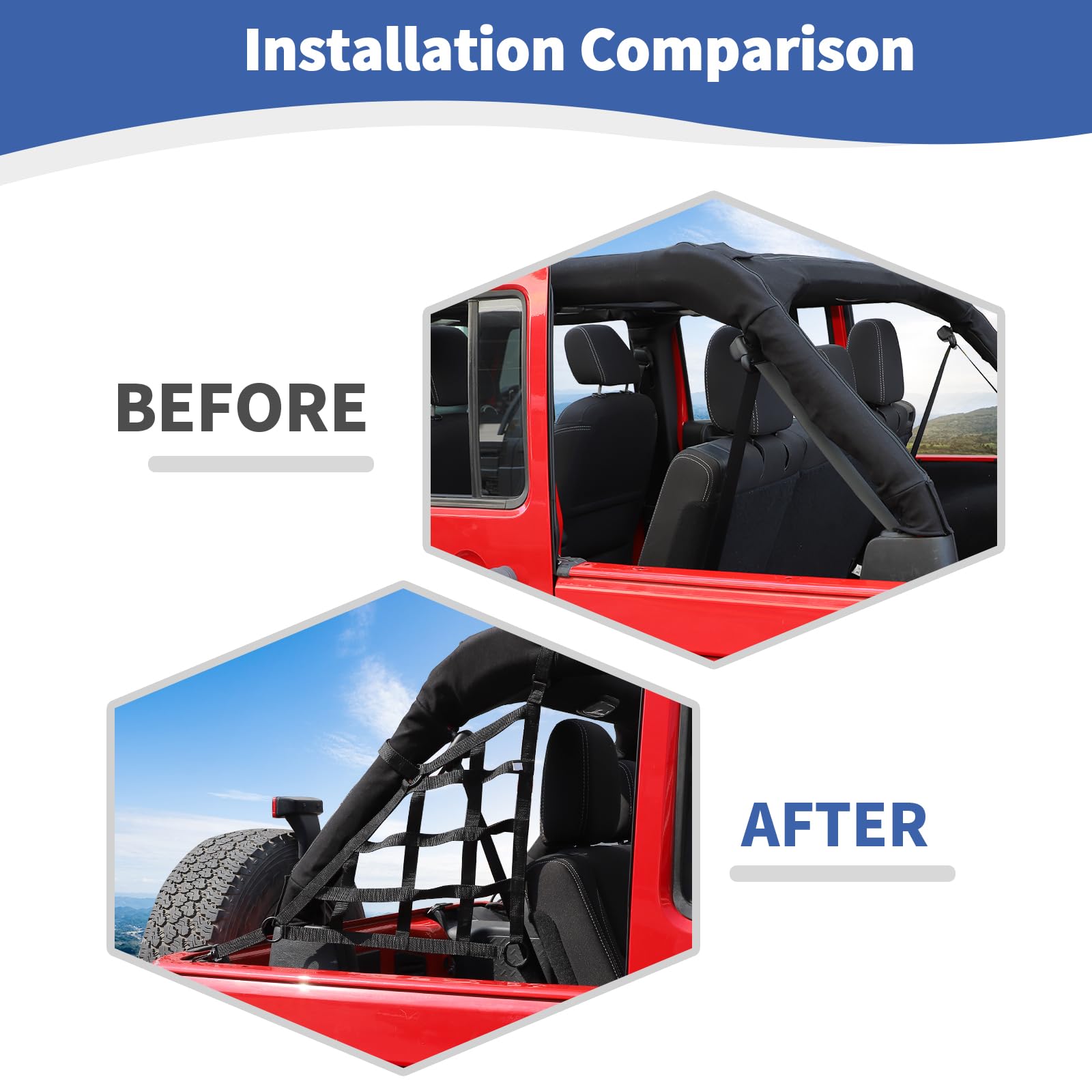 RT-TCZ Mesh Cargo Side Net for Jeep Wrangler JK & JKU (2007-2017) 4-Door - Black Trunk Organizer Accessories (2-Pack) - Perfect for Off-Road Gear Storage & Organization