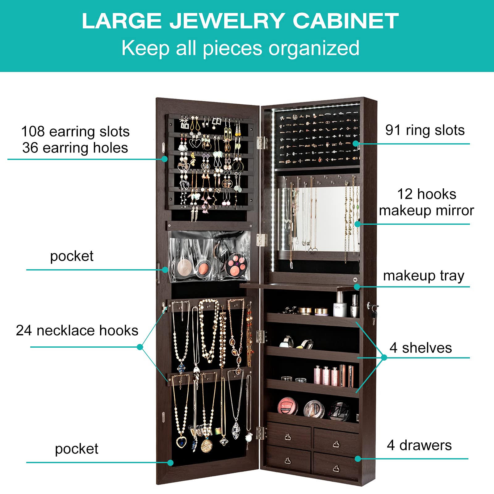 Charmaid LED Strip Jewelry Armoire with Full Length Mirror - 47.2