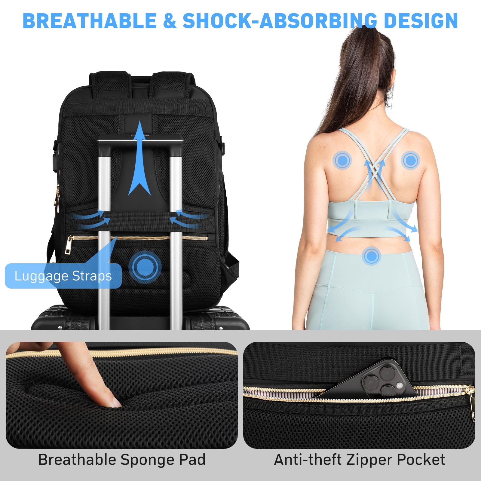 Women's MOMUVO Anti-Theft Travel Backpack - 17 Inch Laptop Carry-On Backpack with USB Charging Port & Shoe Compartment | Water-Resistant Flight Approved Luggage | Perfect for Business Trips, Commuting & Weekend Getaways (Black)