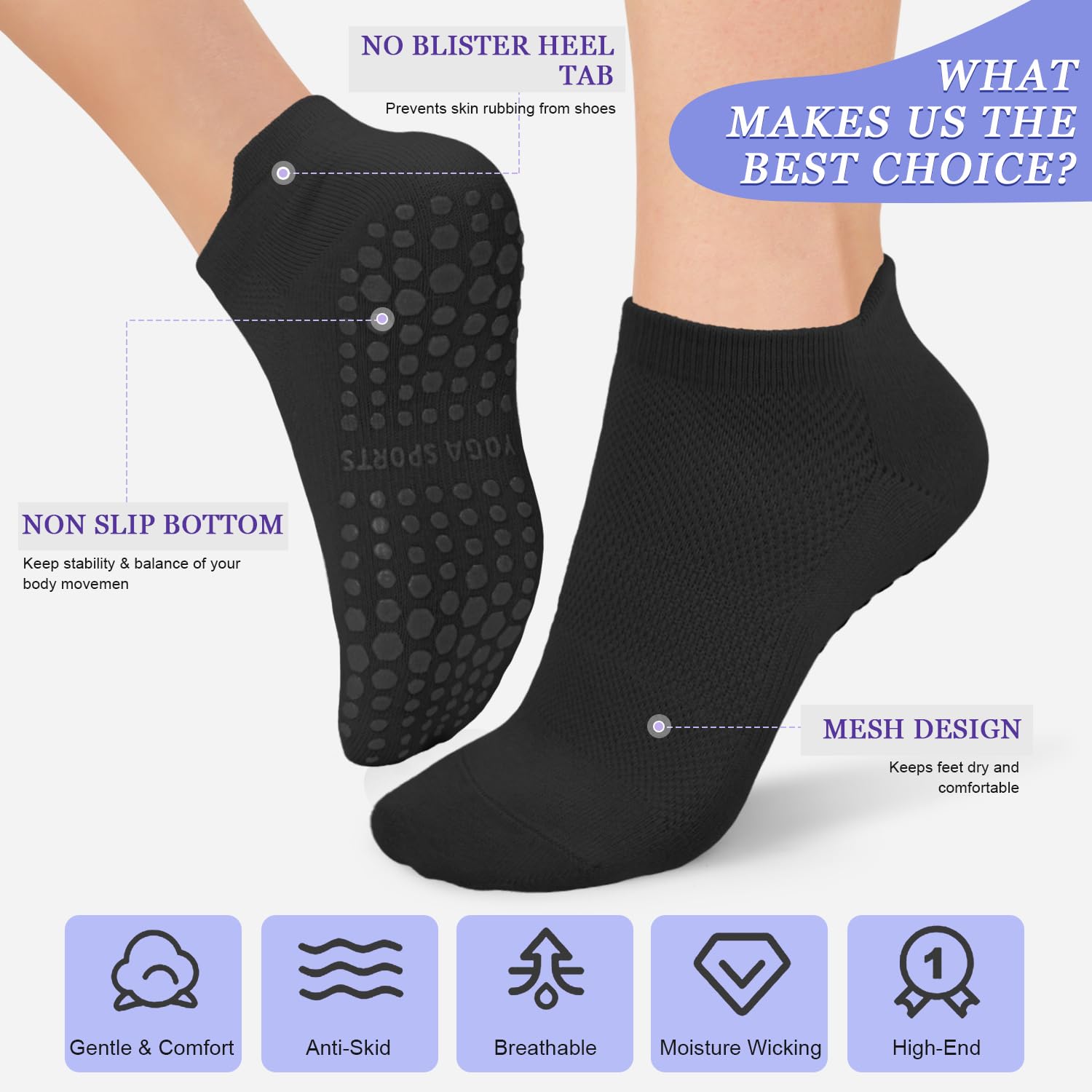 Non-Slip Yoga Socks for Women - 4/6 Pairs Grippy Pilates Socks for Barre & Workout