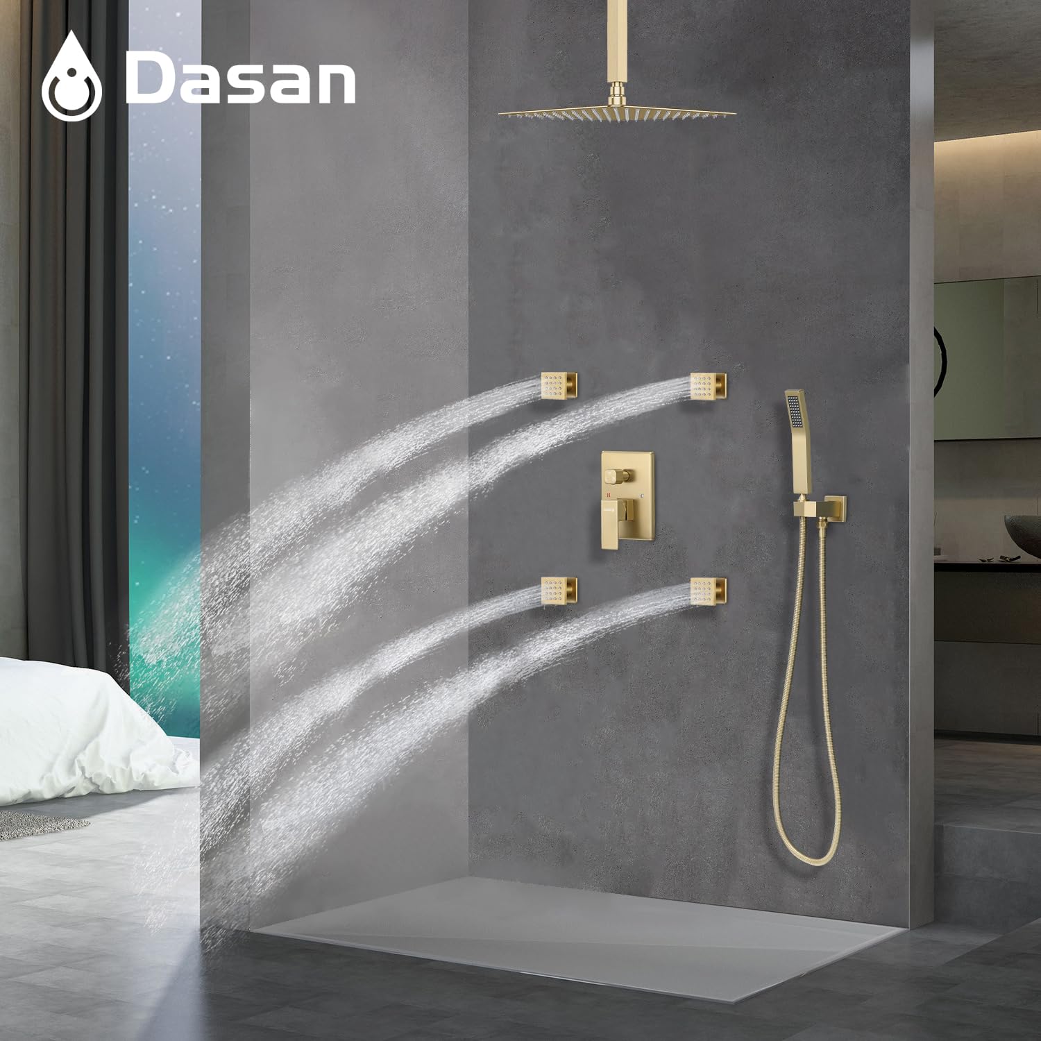 Brushed Gold Shower System - 4 PCS Body Spray Jets, 12’’ Rainfall Ceiling Shower Head & Handheld Spray | DASAN Full Body Shower Faucet Combo Set (SA-SS03BBG-S12C) for Luxury Bathroom & Spa Experience