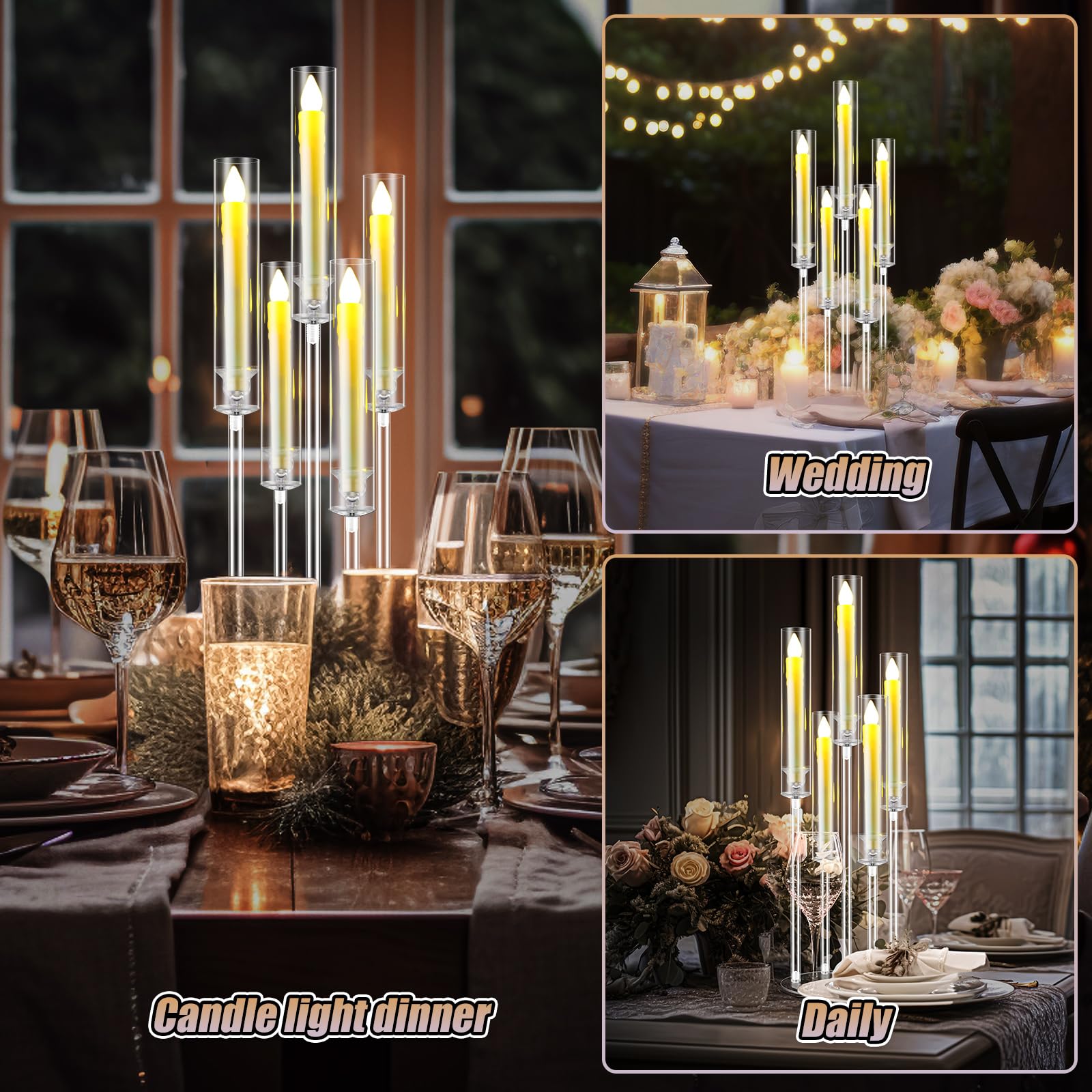 5-Arm Acrylic Clear Candelabra Centerpiece Set with LED Candles & Shades - Elegant Table Decor for Weddings, Parties, Fireplace & Dining Room (4 Sets) - Perfect for Romantic Dinners, Holiday Decorations and Special Events