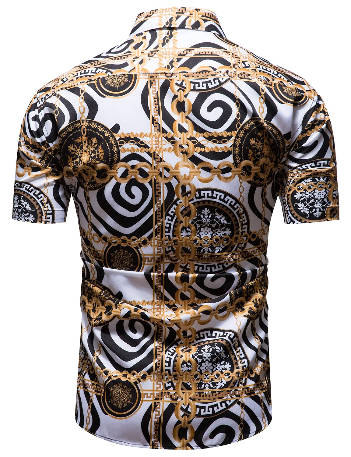 Luxury Men's Black & Gold Baroque Print Short Sleeve Dress Shirt - Chain Design Button Down Casual Shirt for Business, Party & Special Occasions