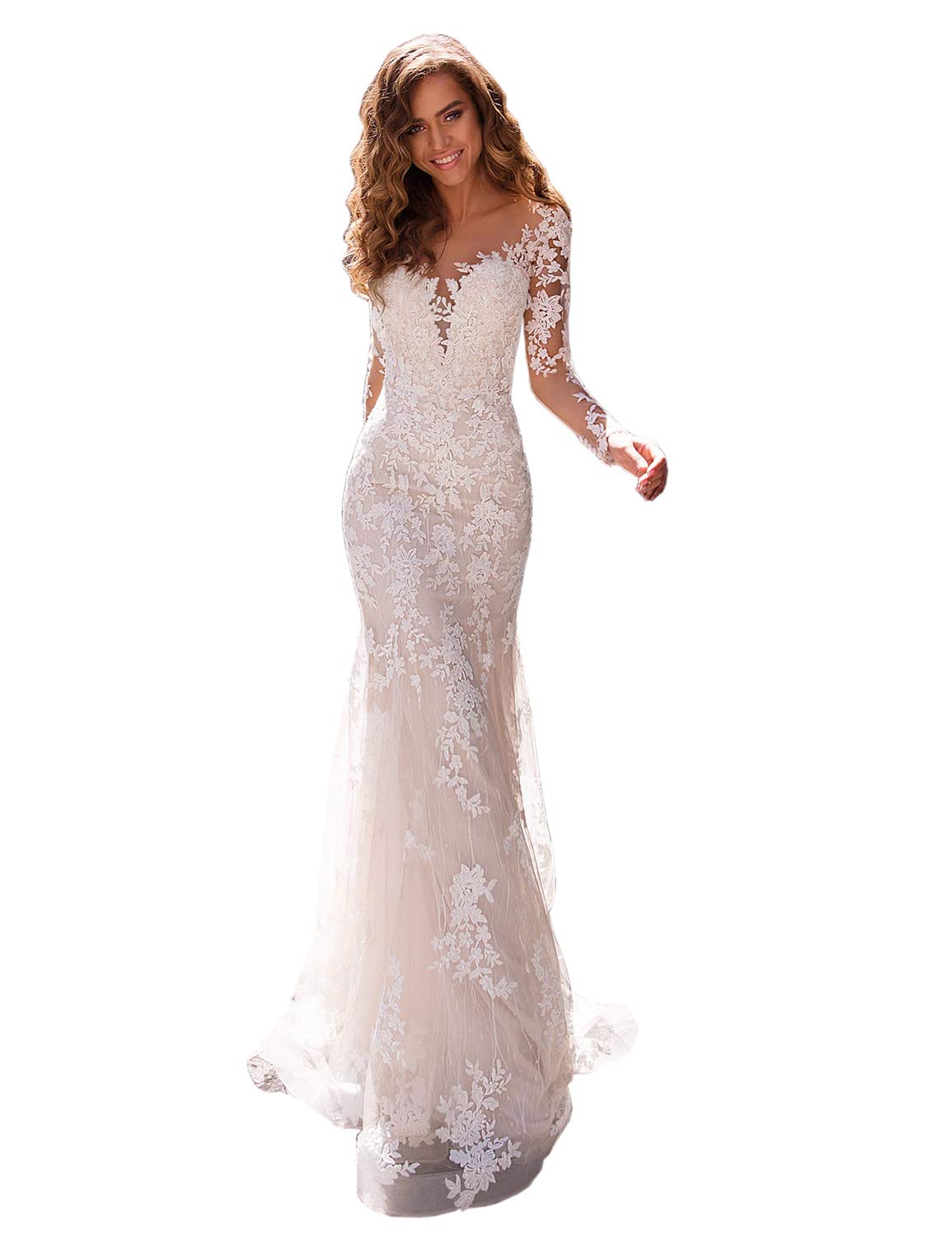 Elegant Long Sleeve Mermaid Wedding Dress with Lace Detailing - Ivory Plus Size 20 for Civil Ceremony & Beach Bridal - Perfect for Outdoor, Garden, and Destination Weddings