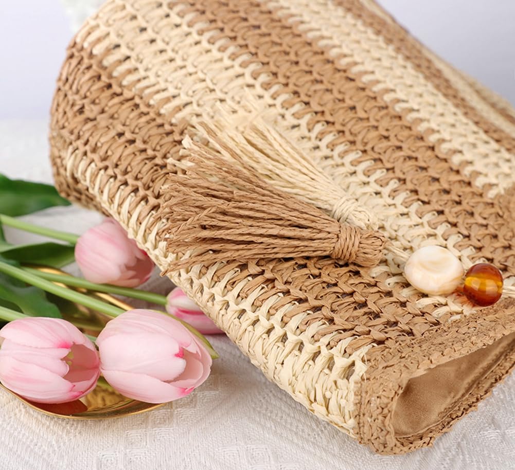 Stylish Women's Tassel Straw Beach Tote Bag - Large Woven Summer Handbag with Zipper & Pom Poms | Perfect for Beach Vacations, Pool Parties, and Summer Outings