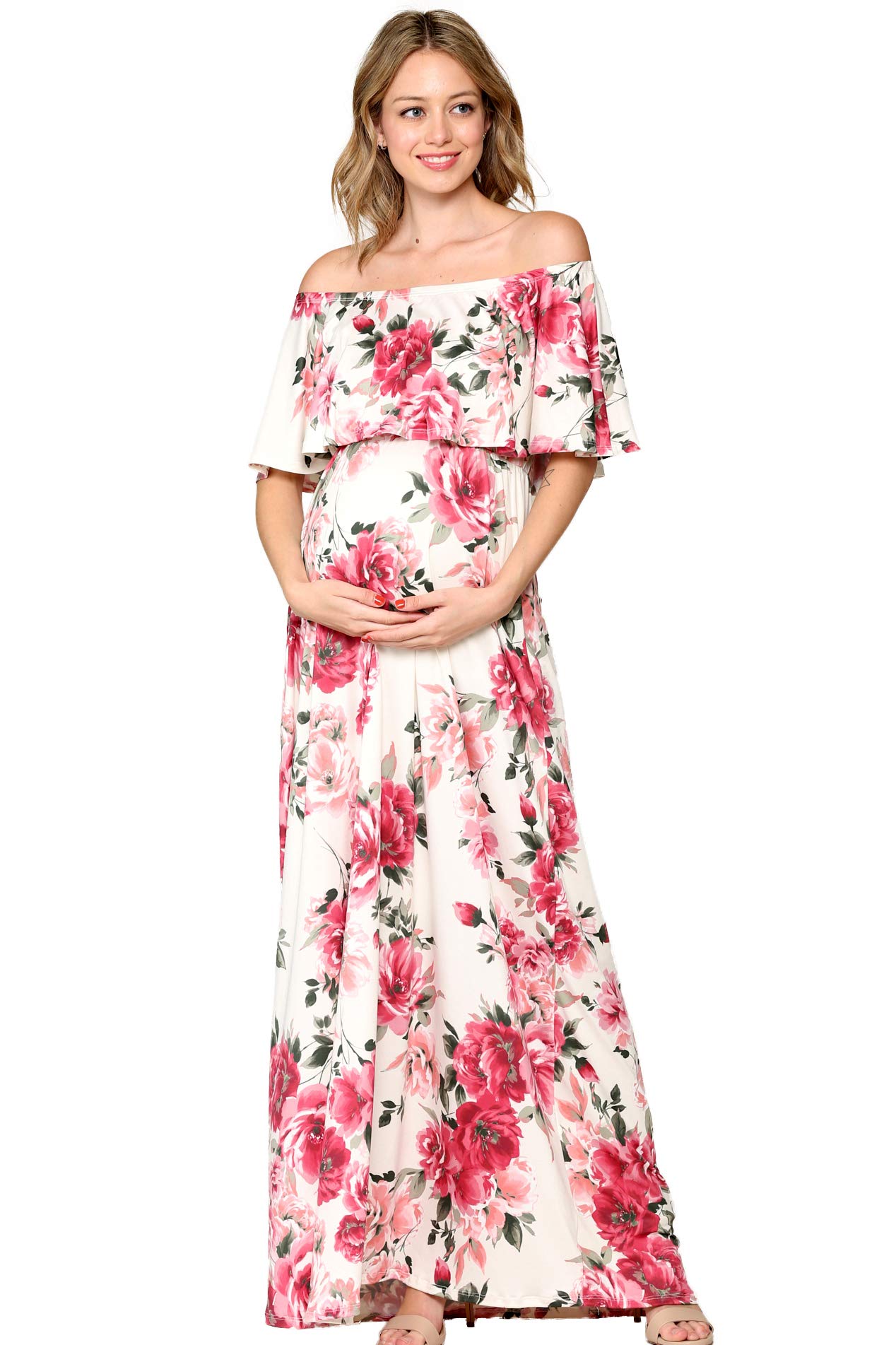 Elegant Off Shoulder Maternity Maxi Dress for Pregnant Women - Perfect for Baby Showers, Photoshoots & Special Occasions | Comfortable Pregnancy Dress for Maternity Photos, Bridal Showers & Summer Events