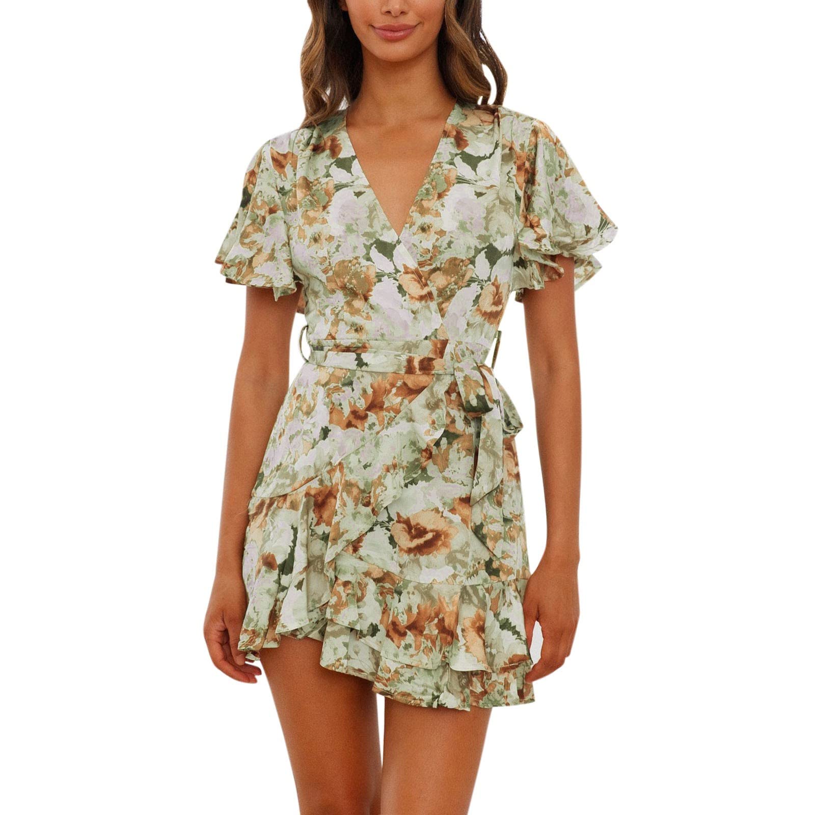 Women's Floral Print Ruffled V-Neck Short Sleeve Mini Dress - Casual Summer Surplice Sundress in Black | Perfect for Beach Vacations, Date Nights & Outdoor Parties