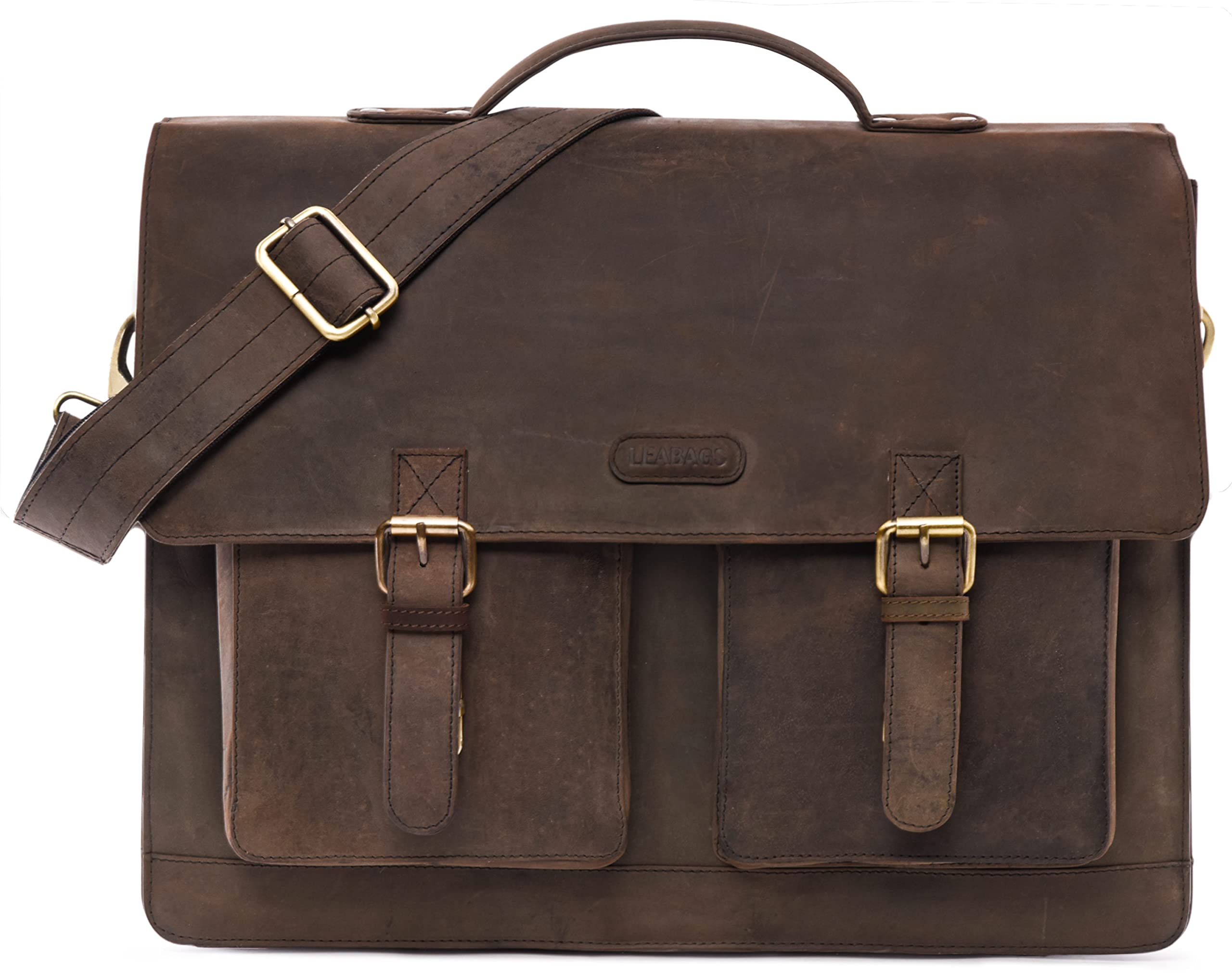 LEABAGS Genuine Buffalo Leather Messenger Bag for Men - Vintage Shoulder Bag Fits 15
