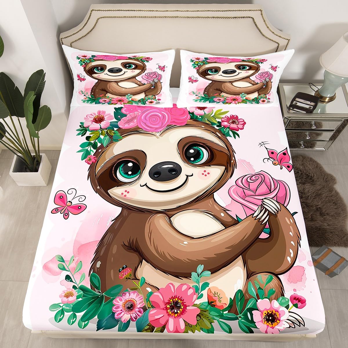 Feelyou Sloth Bed Sheets Set - Twin Size Super Soft Rose Floral Cartoon Sloth Print Bedding for Girls & Kids (3-Piece Set) - Perfect for Children's Bedrooms, Sleepovers & Cozy Nursery Decor