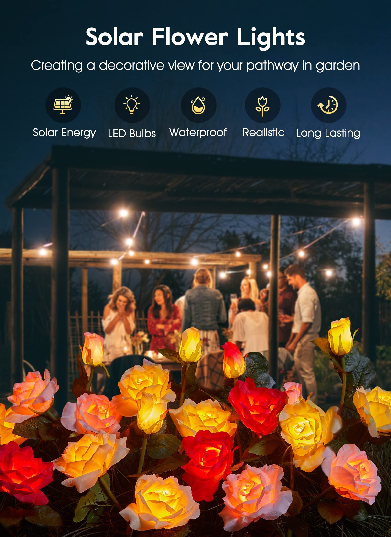 4 Pack LED Solar Flower Lights - Realistic Rose Design, Large Solar Panel, Waterproof Outdoor Garden Lights for Yard, Patio, Lawn, Pathway & Walkway Decoration - Perfect for Romantic Evenings & Landscape Lighting