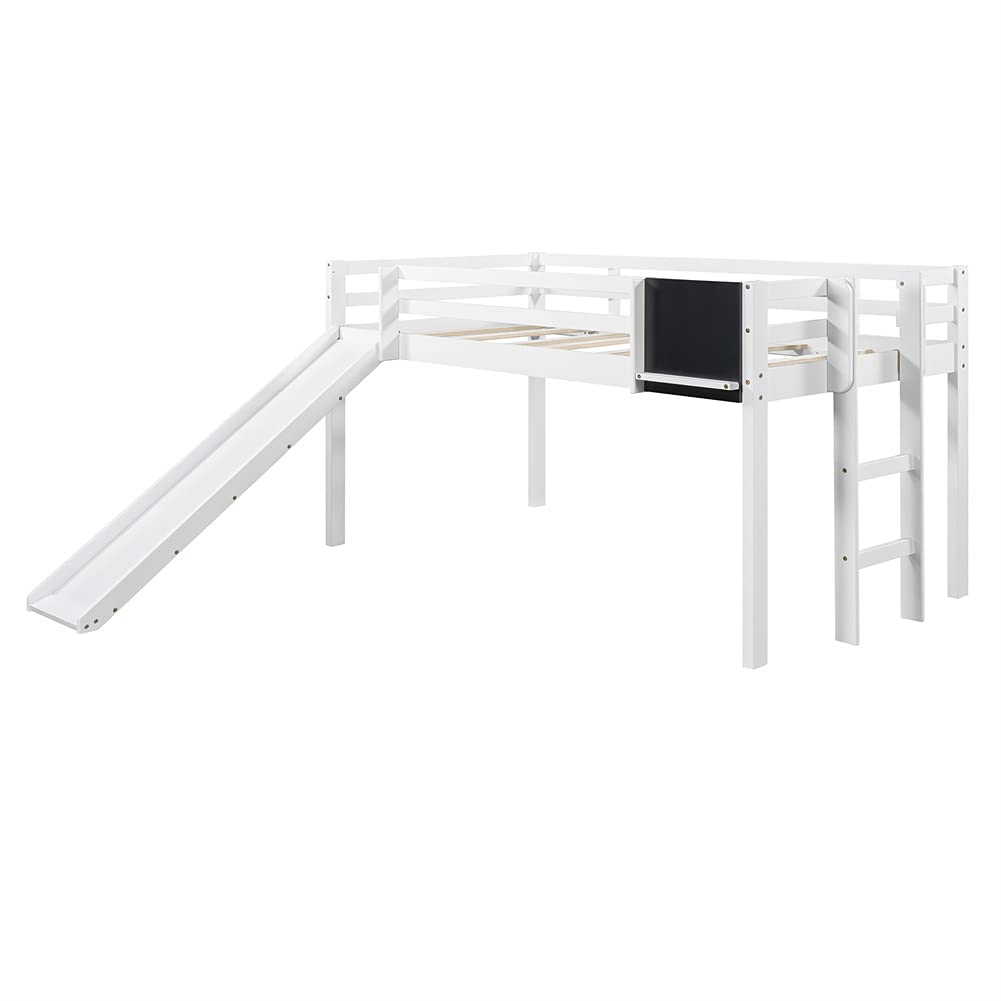 **White Twin Size Wood Loft Bed with Slide, Stairs & Chalkboard - Low Loft Bed Frame for Kids & Teens - Perfect for Small Bedrooms, Playrooms & Dorm Rooms**