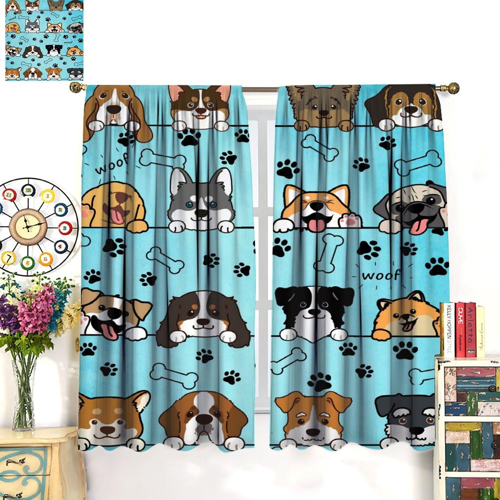 Adorable Dog Themed Curtains for Kids Room - Paw Print Animal Window Treatments for Nursery, Bedroom & Dog Lovers - 2 Panel Set (84