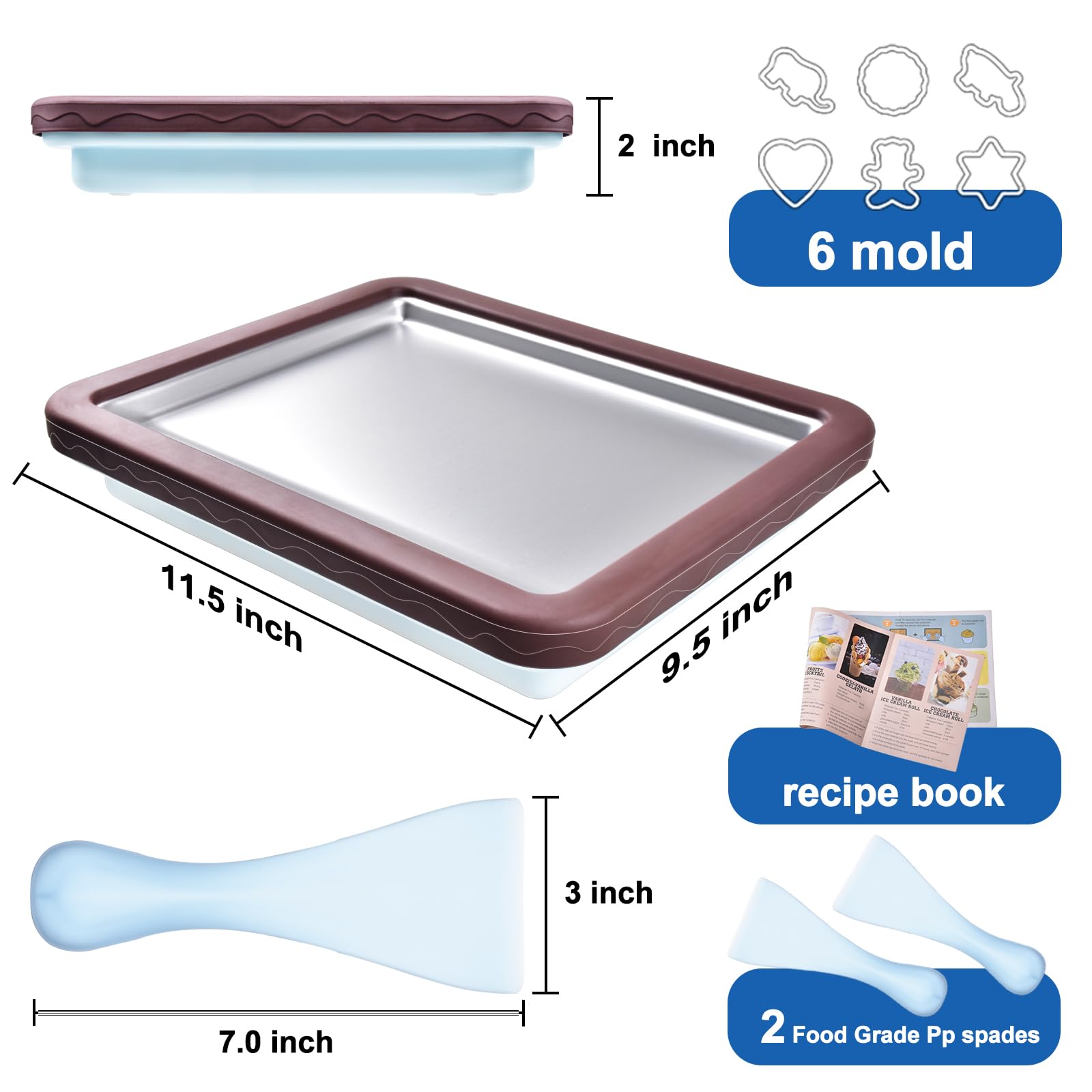 Rolled Ice Cream Maker Machine with 2 Spatulas & Recipe Book - DIY Ice Cream Roll Maker Plate for Home Use - Perfect for Parties, Dessert Shops & Fun Kids Activities (Brown & Blue)