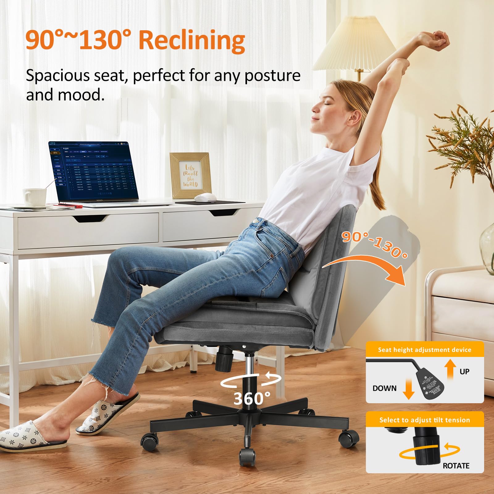 Criss Cross Legged Office Chair with Wheels - Armless Swivel Desk Chair, Wide Seat & Height Adjustable Mid Back - Perfect for Home Office, Computer Work & Vanity Desks