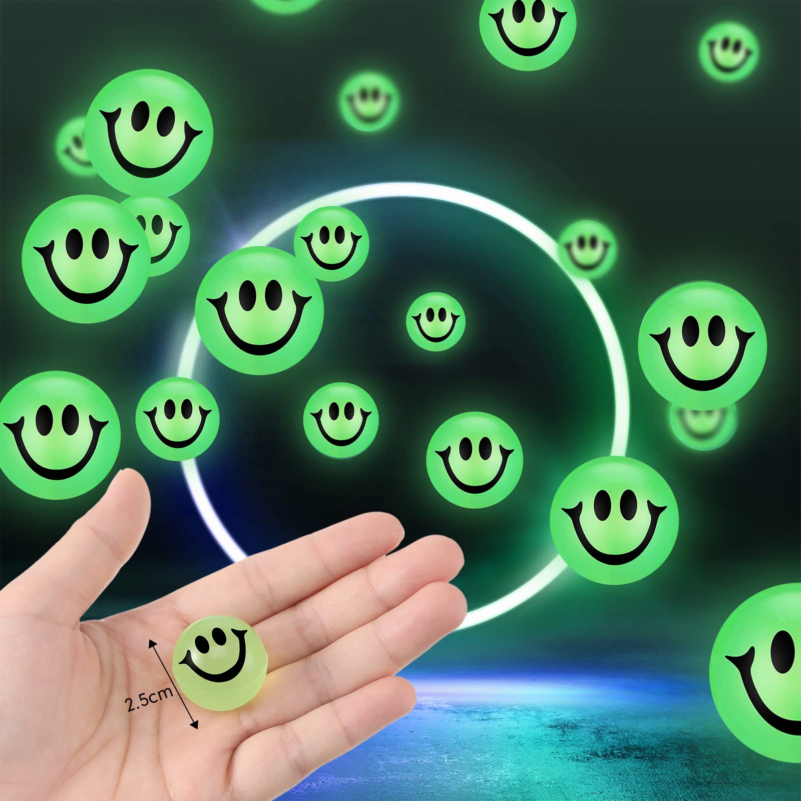 24-Pack Glow in The Dark Smiley Face Bouncy Balls - High Bounce Mini Balls for Kids & Teens - Perfect for Birthday Parties, Christmas Stocking Stuffers, Valentine's Day Goodie Bags - Fun Outdoor & Indoor Play for Boys & Girls Ages 6+