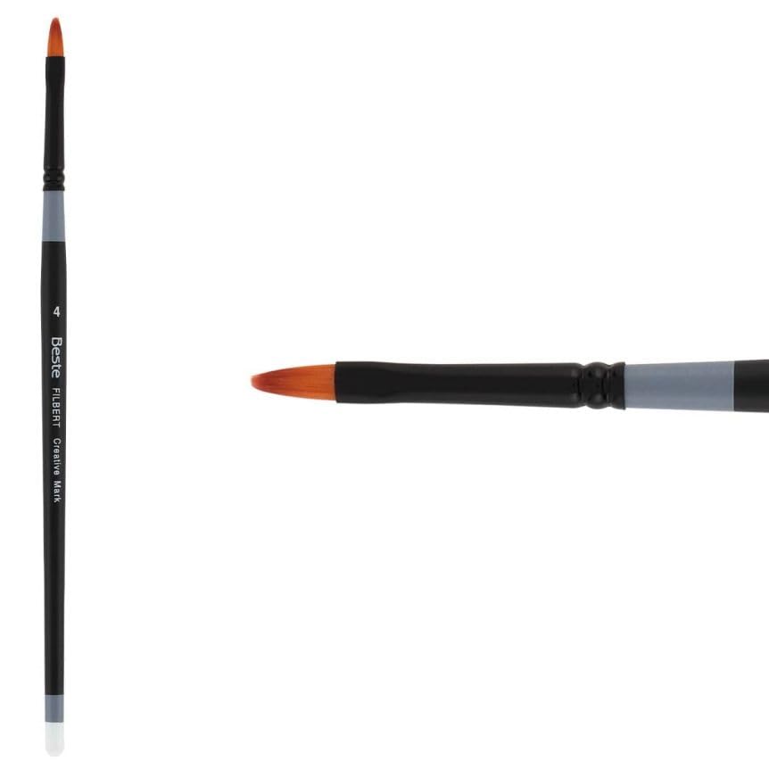 Creative Mark Beste Golden Taklon Filbert 4 Artist Brush - Professional Watercolor & Acrylic Paint Brush Set with Short Handle & Sharp Edges | Hand-Tied Natural Hair Brushes for Canvas Painting, Art Studio & DIY Projects