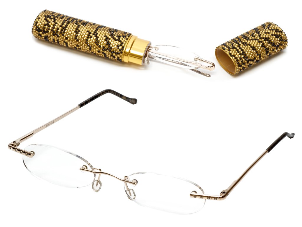 Calabria Diamond Diva Reading Glasses for Women - Stylish Rimless Metal Frame with Crystal Rhinestone Accents - Includes Hard Case & Pocket Tube - Perfect for Reading, Fashion Accessory & Gift