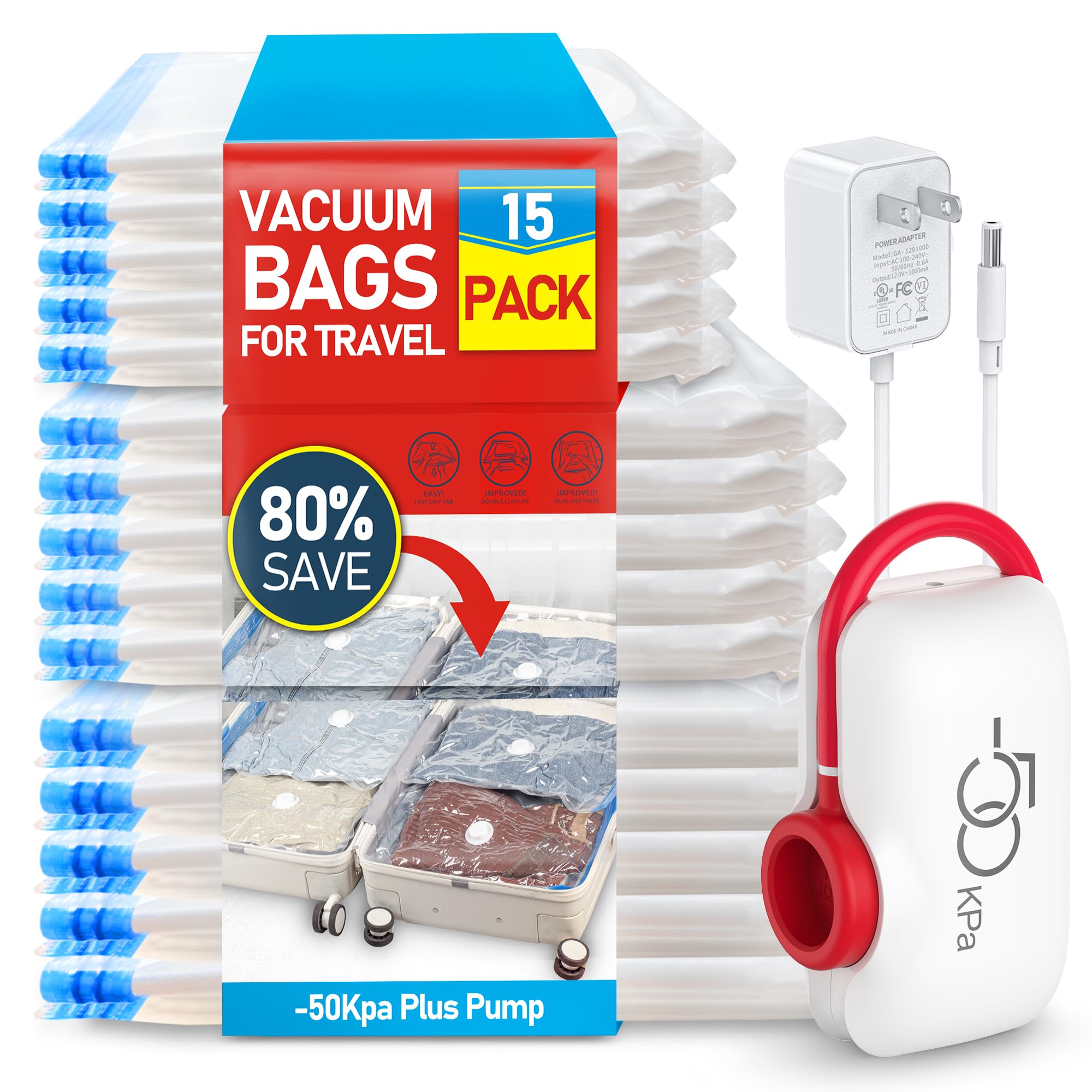 VMstr 15-Pack Travel Vacuum Storage Bags with Electric Pump | Space-Saving Compression Bags for Clothes, Blankets & Travel Packing | Perfect for Suitcases, Carry-Ons & Home Storage