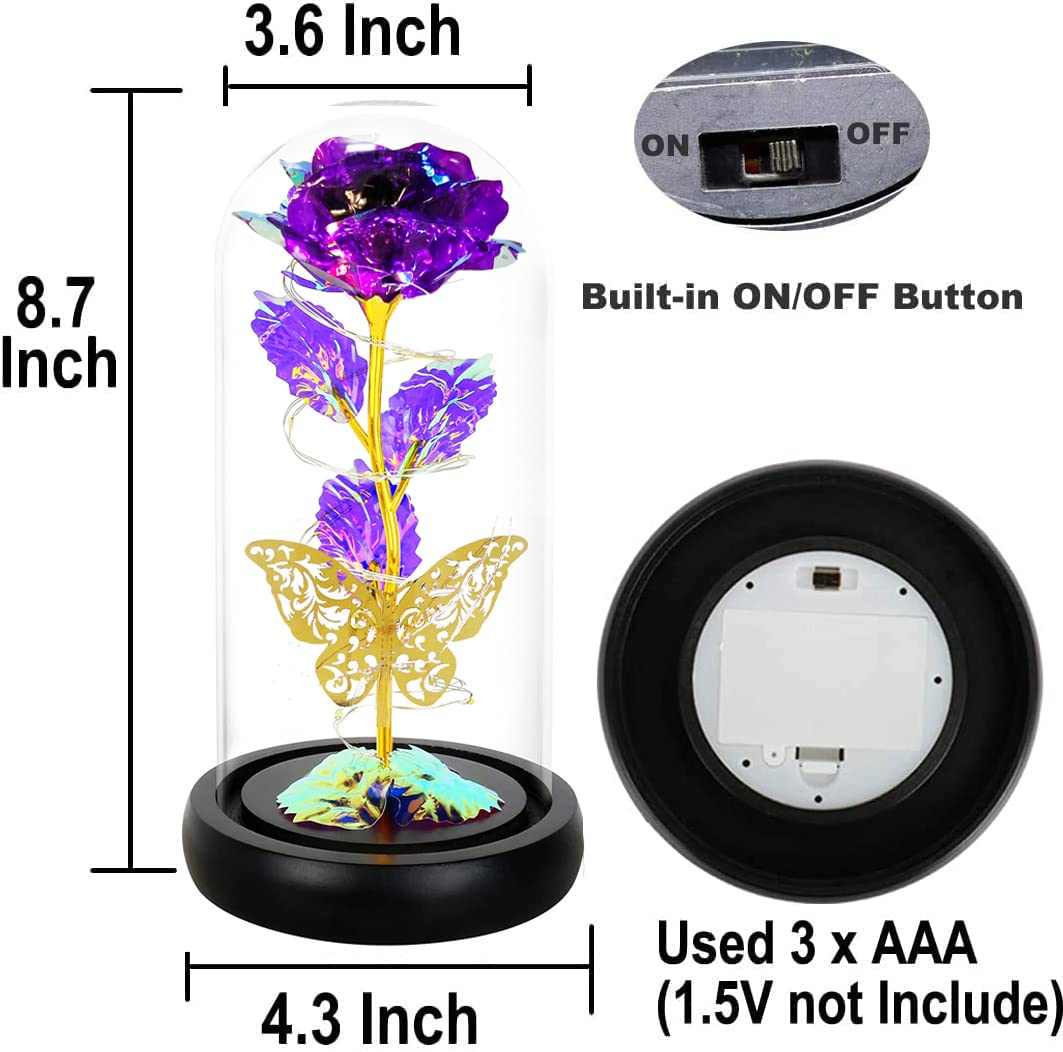 Beautiful Purple Preserved Rose in Glass Dome - Long Lasting LED Flower Gift for Women, Mom, Grandma | Unique Birthday, Anniversary & Valentine's Day Present | Romantic Home Decor & Special Occasion Gift