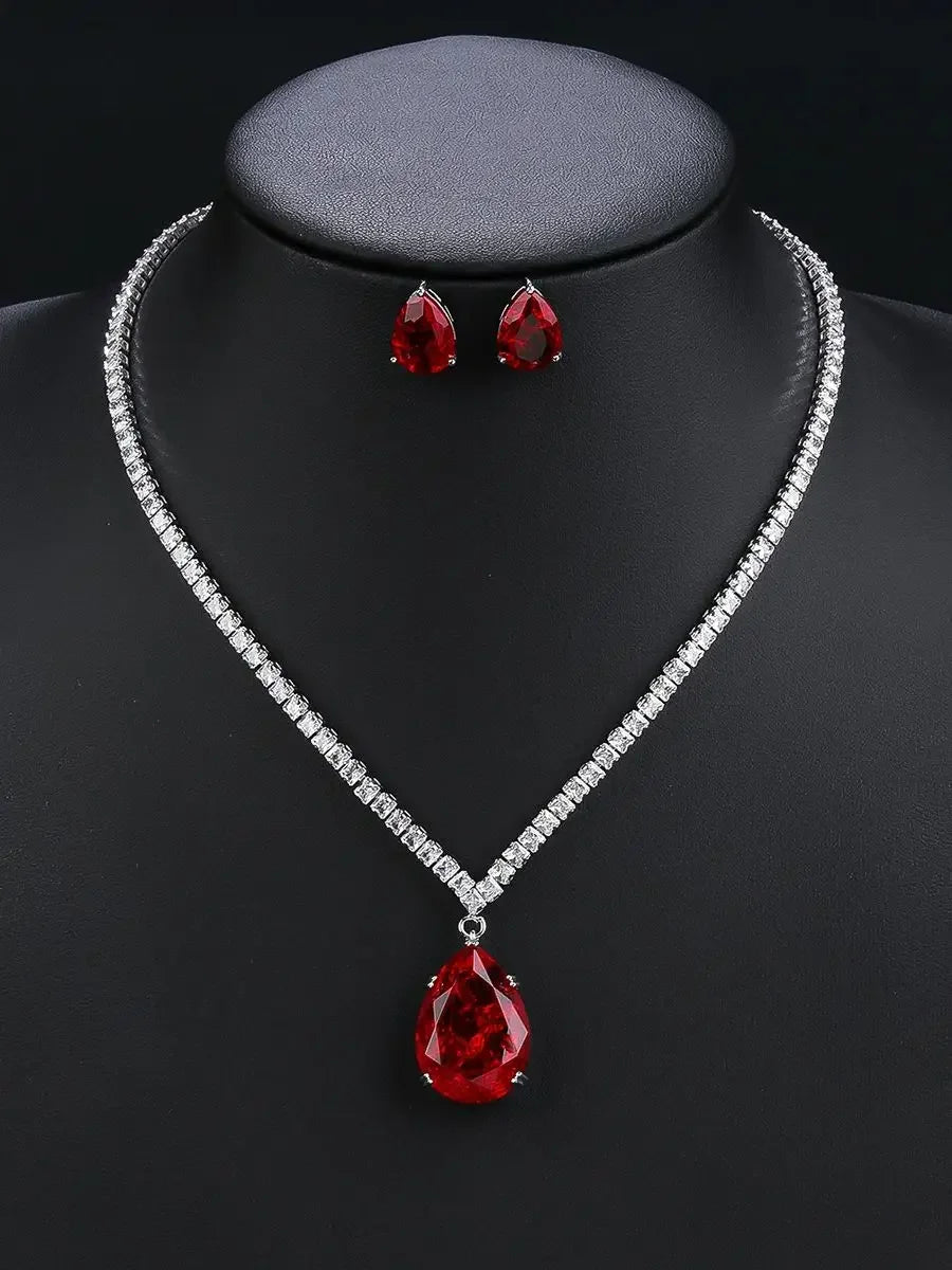 Elegant CZ Water Drop Cubic Zirconia Pendant Necklace & Earrings Set - Women's Bridal Wedding Jewelry Gift - Perfect for Weddings, Anniversaries and Special Occasions