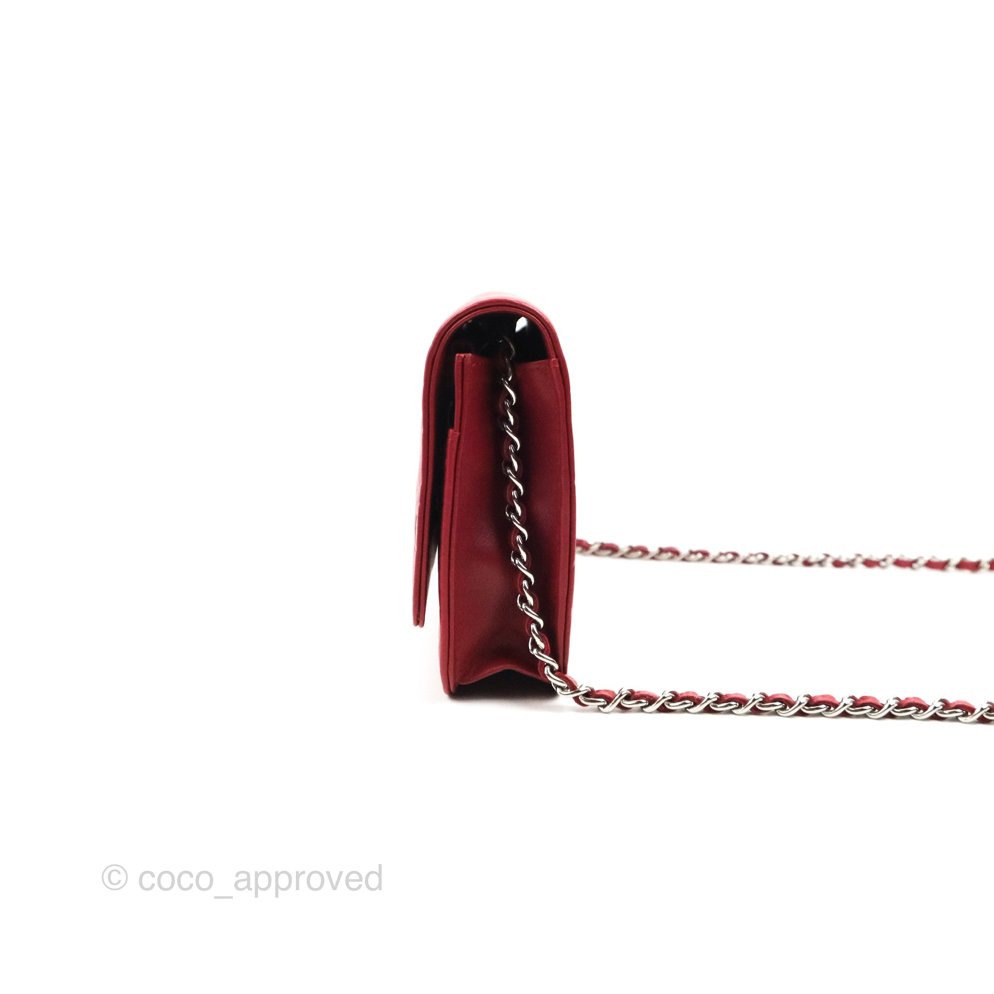 Chanel Camellia Embossed Wallet on Chain WOC in Red Lambskin with Silver Hardware - Luxury Crossbody Bag for Women, Perfect for Evening Events & Date Nights