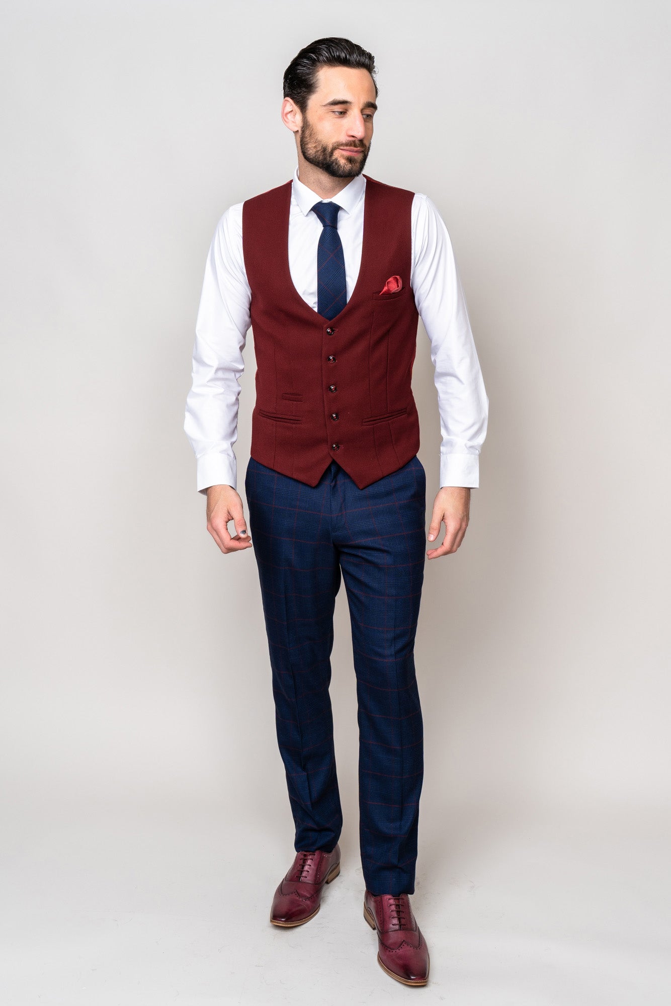 EDINSON Men's Navy Check Suit with Kelvin Wine Waistcoat - Formal Business Attire for Weddings & Office Meetings
