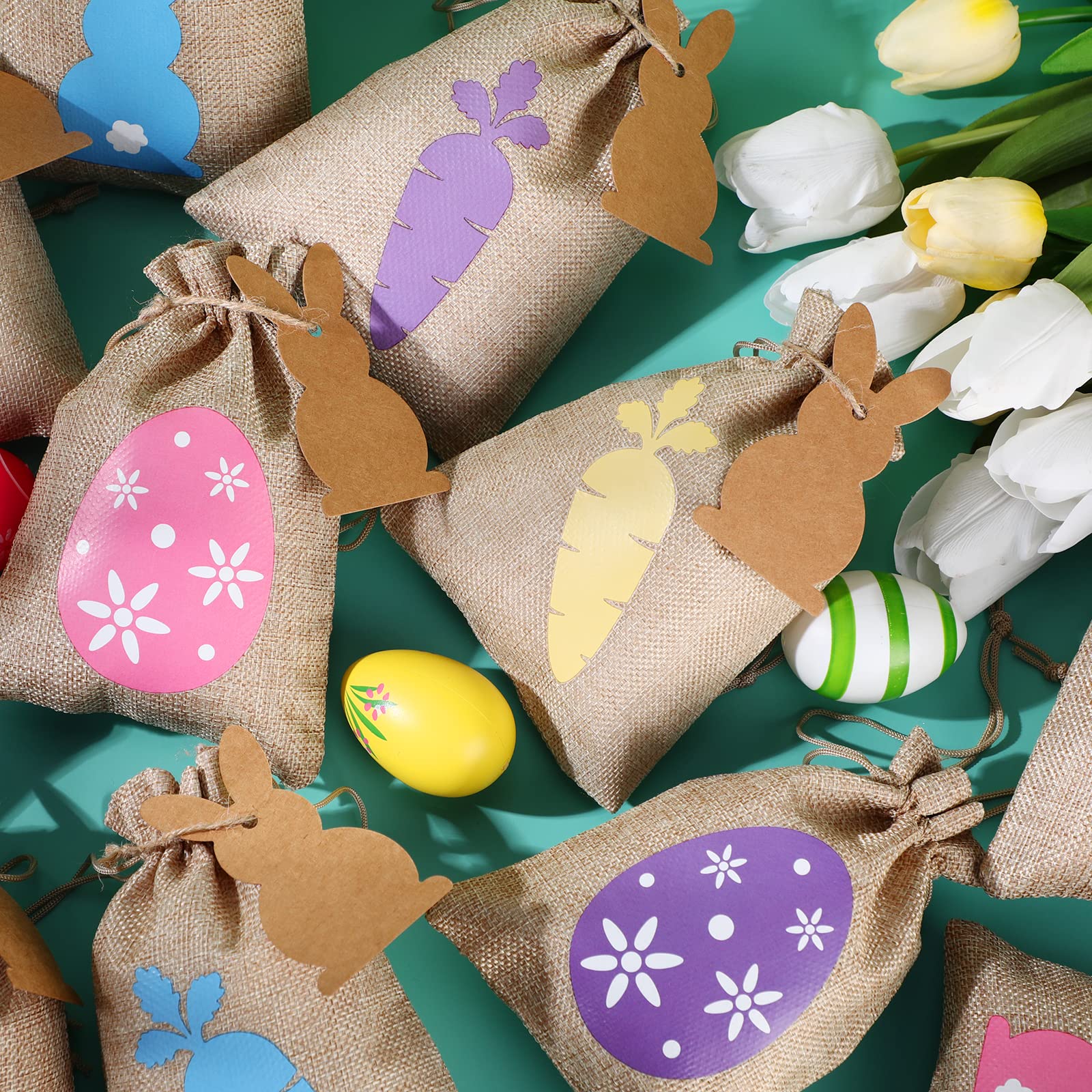 Shappy 24 Pcs Easter Burlap Drawstring Gift Bags - Bunny Linen Goodie Bags with Double Jute Drawstrings for Easter Egg Hunt, Party Favors, Candy Storage & Holiday Decorations (Cute Style)