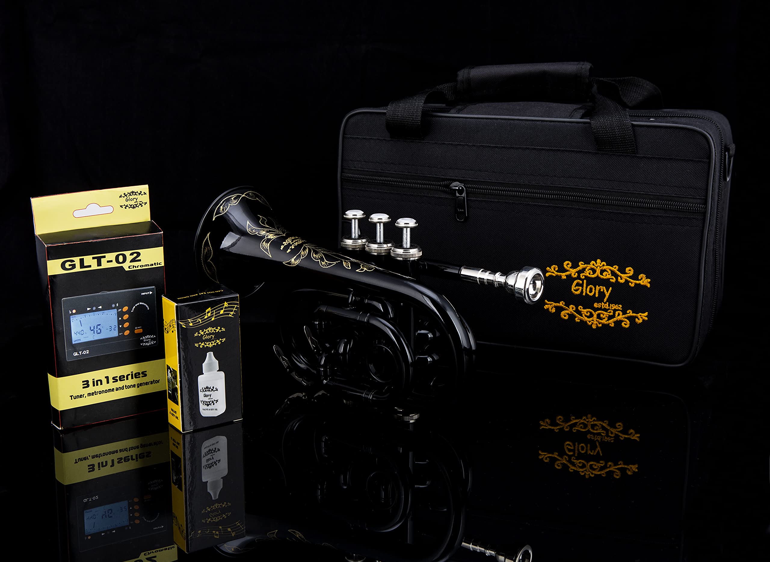 Glory Bb Pocket Trumpet with Hard Case - Professional Compact Brass Instrument for Travel & Practice | Includes Cleaning Cloth & Gloves | Perfect for Jazz, Beginners & Street Performers (Black)