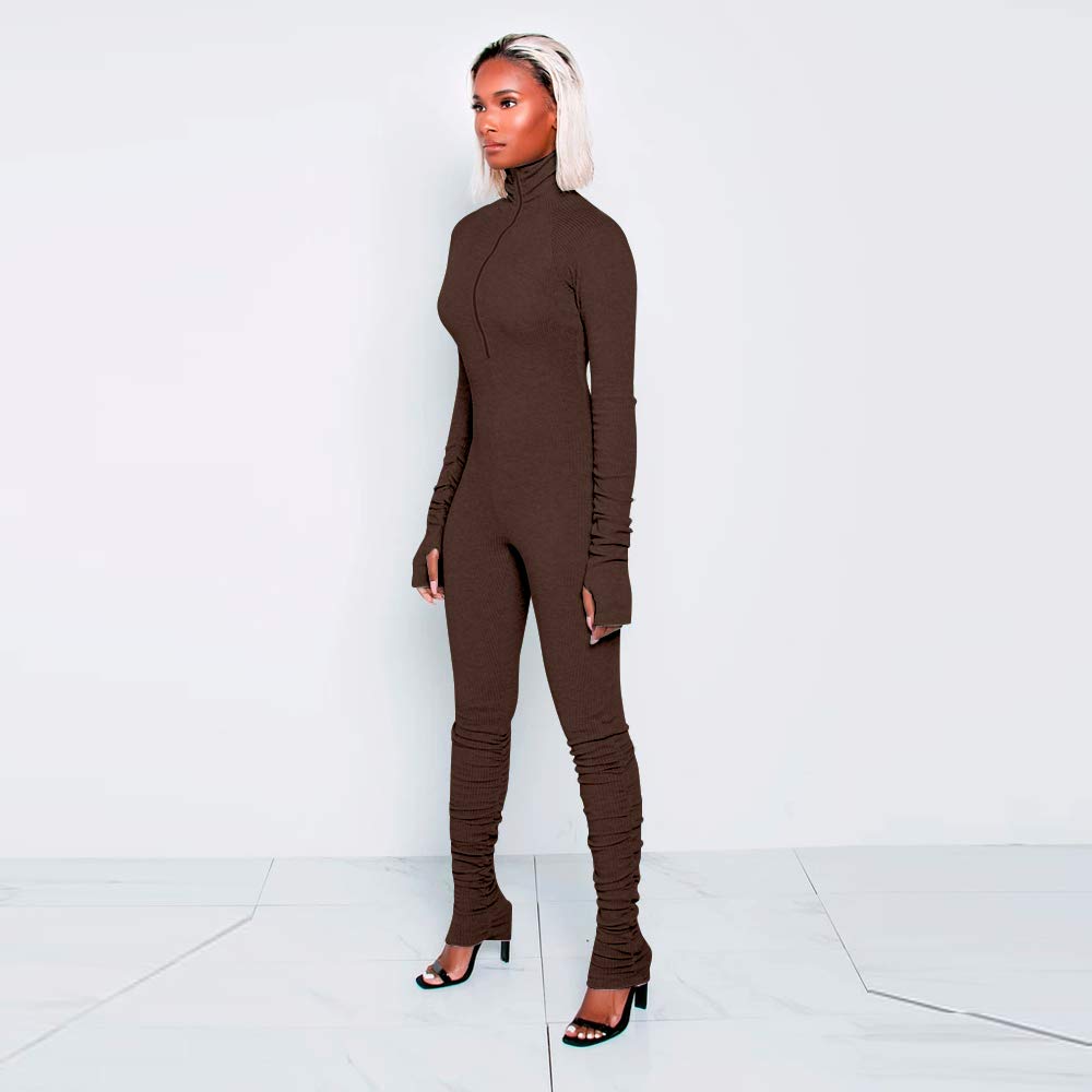 XLLAIS Women's High Neck Zipper Ruched Bodycon Jumpsuit Tracksuit with Thumb Holes - Slim Fit Workout Outfit for Gym, Yoga & Running