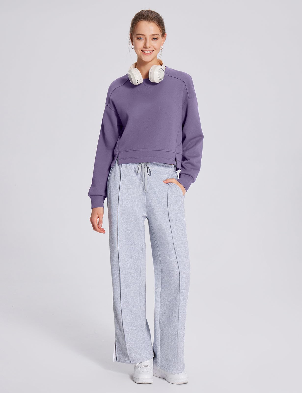 Baleaf Women's Oversized Fleece Crewneck Cropped Sweatshirt - Long Sleeve Loose Pullover for Workout, Casual & Fall Outfits | Cozy Lounge Wear, Gym Essentials & Autumn Fashion