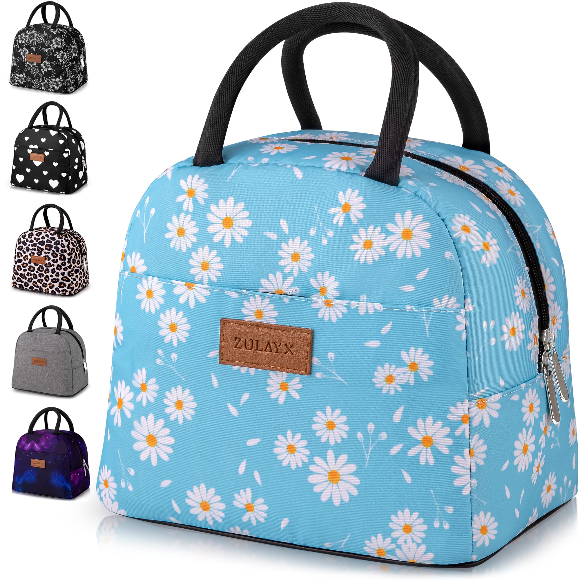 Zulay Insulated Lunch Bag for Women & Men - Leakproof Tote Lunch Box with Soft Padded Handles - Cute Thermal Food Container for Work, School, Office, Picnics & Outdoor Activities (Blue with White Daisy Floral Design)