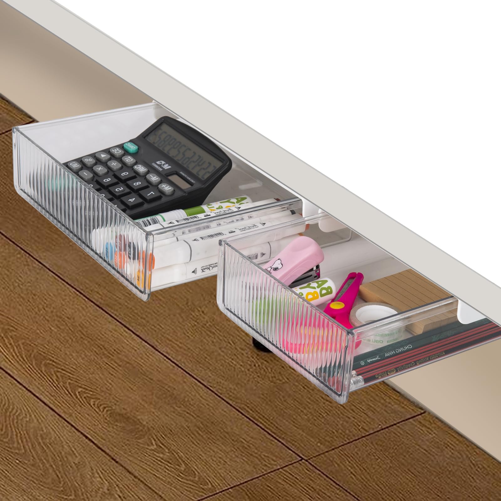 2 Pack Under Desk Storage Drawer - Slide Out Self-Adhesive Organizer for Office & Home, Clear Hidden Table Drawer for Pencils, Supplies & Workspace Accessories | Perfect for Small Spaces & Clutter-Free Desks