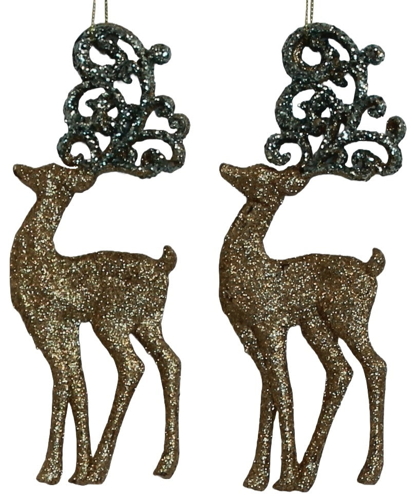 2 Pack Shatterproof Glitter Reindeer Christmas Tree Ornaments - Gold & Spruce for Holiday Decor, Gift Wrapping, and Festive Home Decorating