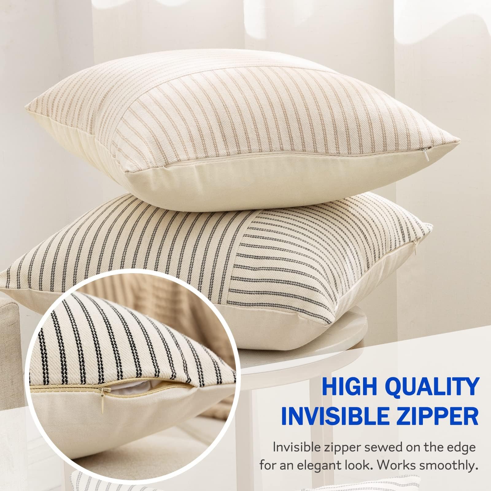 Farmhouse Pillow Covers 18x18 Inch - Set of 2 Modern Square Throw Pillow Covers in Yellow & Beige Striped Linen - Decorative Cushion Covers for Sofa, Chair, Bedroom & Living Room - Cozy Home Accent Pillows