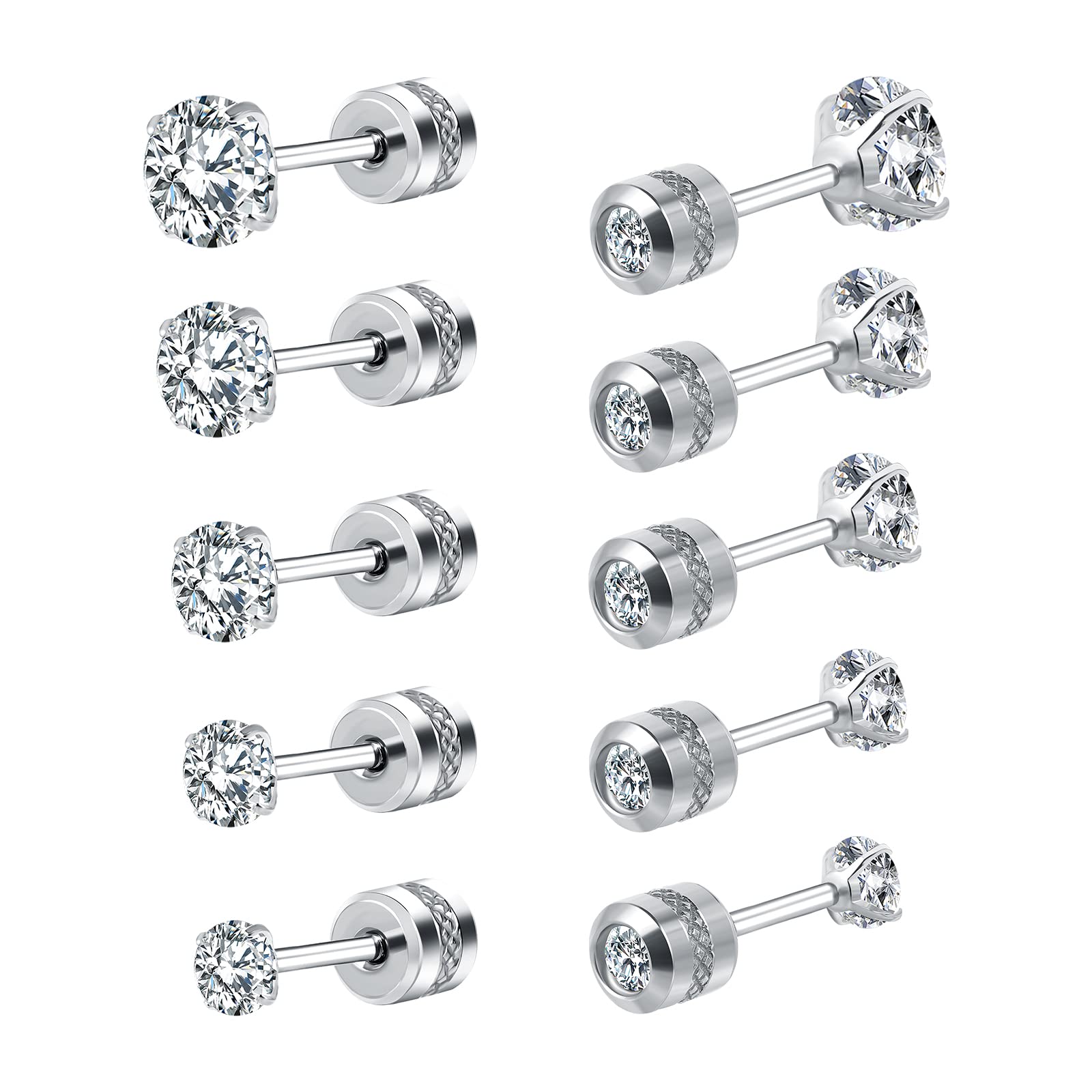5 Pack Titanium Stud Earrings Screw Back for Women & Men - Hypoallergenic Stainless Steel with Tiny Cubic Zirconia - 20G Tragus & Cartilage Piercing Jewelry for Sensitive Ears - Simulated Diamond Ear Studs for Daily Wear, Parties & Gifts