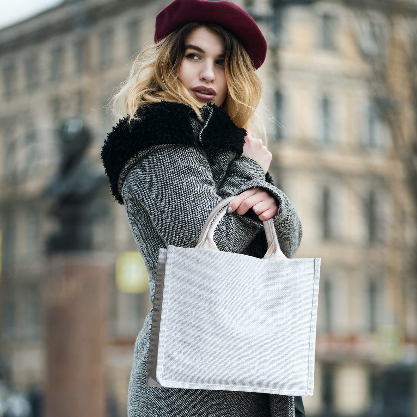 Segarty 6 Pack Small White Burlap Jute Reusable Canvas Tote Bags with Handles - Eco-Friendly Blank Bulk Totes for Bridesmaid Wedding Favors, Women's Grocery Shopping, Bachelorette Party & Beach Trips - Perfect for Farmers Market, Picnics and Everyday Use