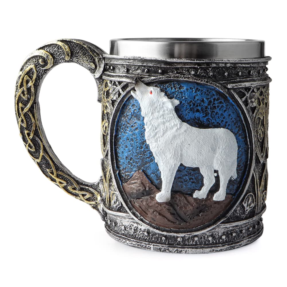 Stainless Steel Wolf Mug with Resin 3D Design - Insulated Travel Coffee Cup for Tea, Beer & Wine - Perfect for Camping, Office & Gifts (White Wolf)