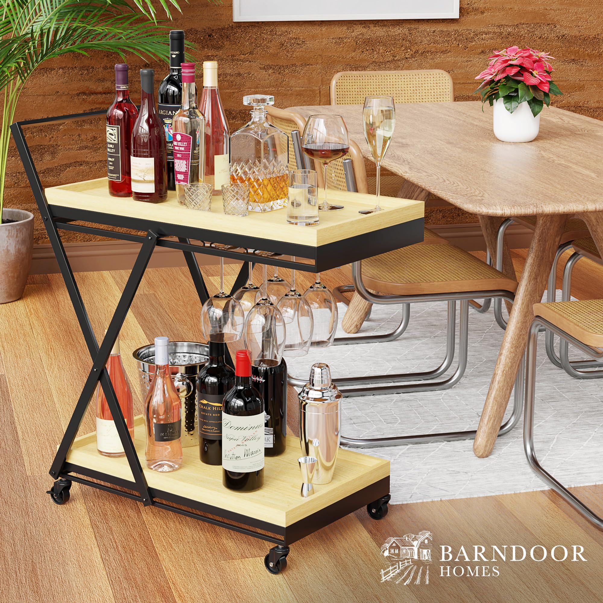 Bar Cart with Wheels - Rolling Kitchen Coffee Service, Wooden Trays, Portable Liquor & Beverage Storage, Mobile Snack & Drink Station - Perfect for Home Entertaining, Parties & Kitchen Organization
