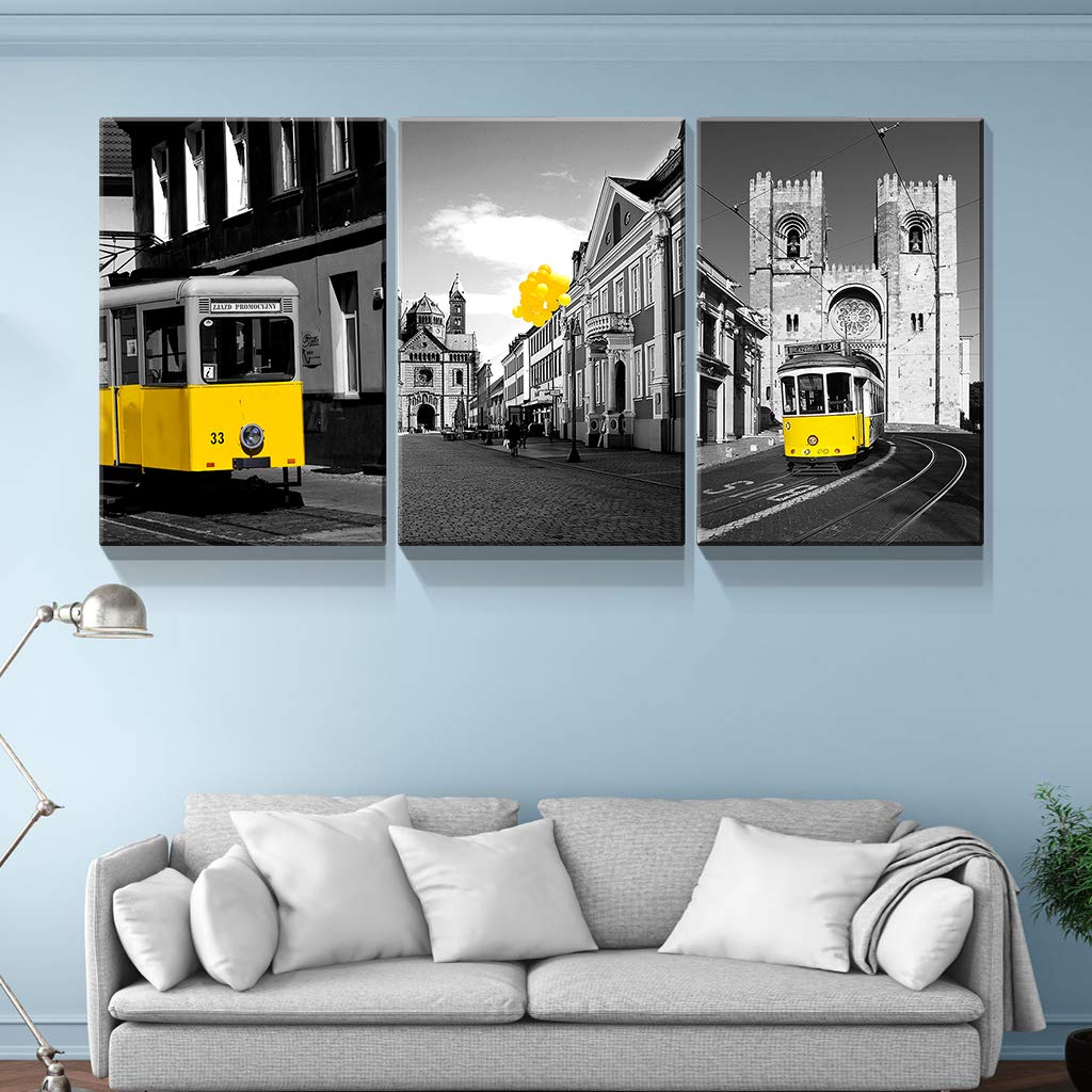 Denozer - 3 Panel Modern Black and White Urban Canvas Wall Art - Stretched & Framed Ready to Hang - 16x24 Inches - Home Decor for Living Room, Bedroom & Office